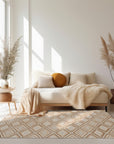 Sumptuous Diamond Brown Hand Knotted Wool Rug, a brown wool rug with a diamond pattern, seen in a bright, neutral interior setting.