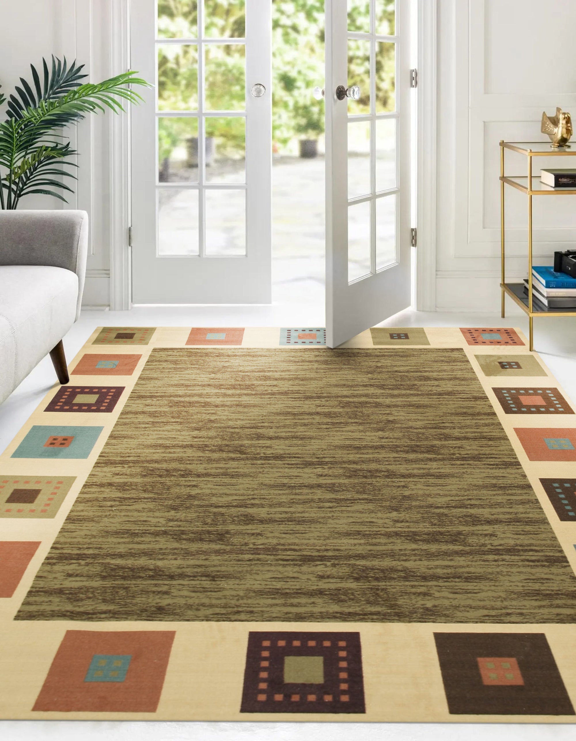 Luna Gabbeh Green Nan Rug, a lush green rug with a textured, hand-knotted Gabbeh weave, offering a comforting and inviting presence in a softly lit room.