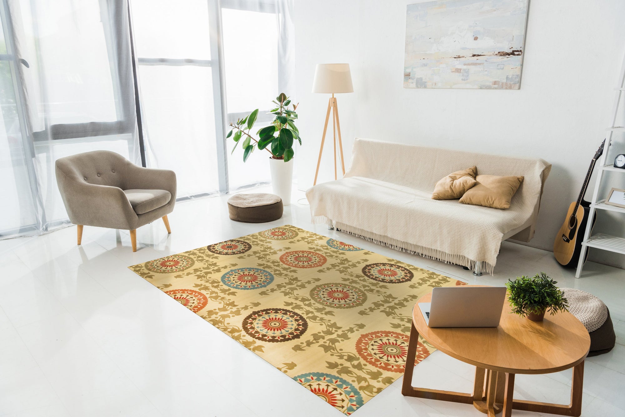 Cozy Chic Ivory Machine Made Rug, its soft ivory tones blending seamlessly into a bright living room setting with natural light, creating a warm and inviting atmosphere.