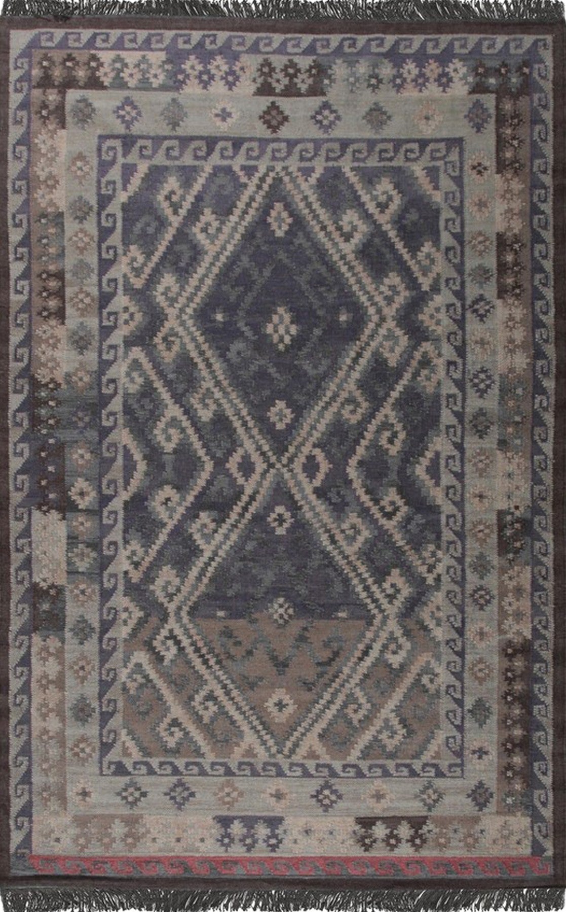 Isolated view of Brenda Jasmine Brown Flatweave Wool Rug, showcasing its intricate geometric pattern in shades of brown and cream on a flatwoven wool surface.