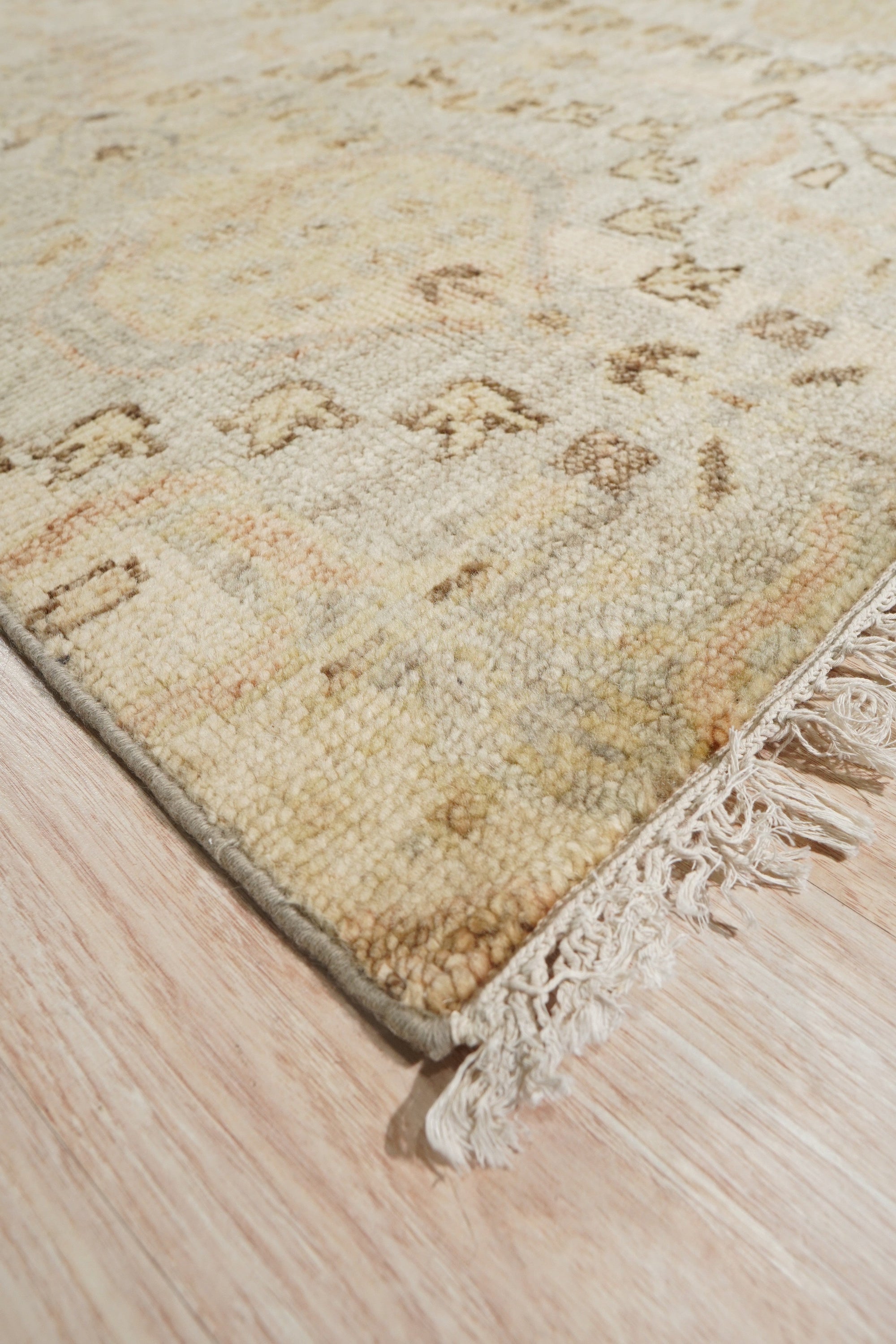 Nina Luxurious Ivory Hand Knotted Wool Rug, its plush ivory wool catching the light in a warmly lit room, hand-knotted texture visible in the close-up view.