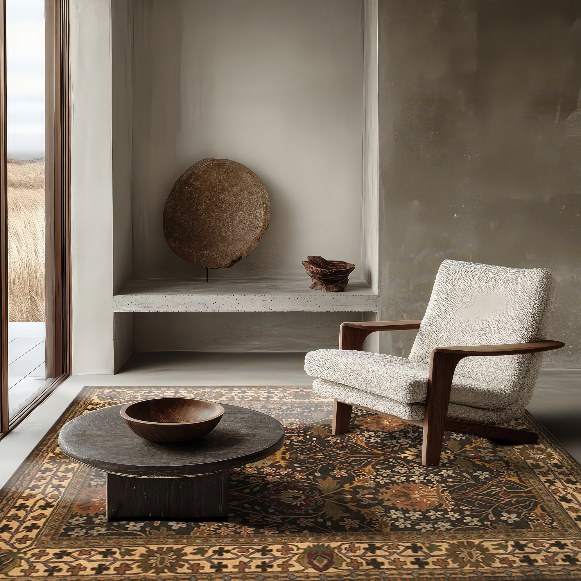 Luna Delicate Brown Hand Tufted Wool Rug, showcasing its subtle, earthy tones and soft texture in a bright living room setting. The hand-tufted wool rug adds warmth and comfort to the modern space.