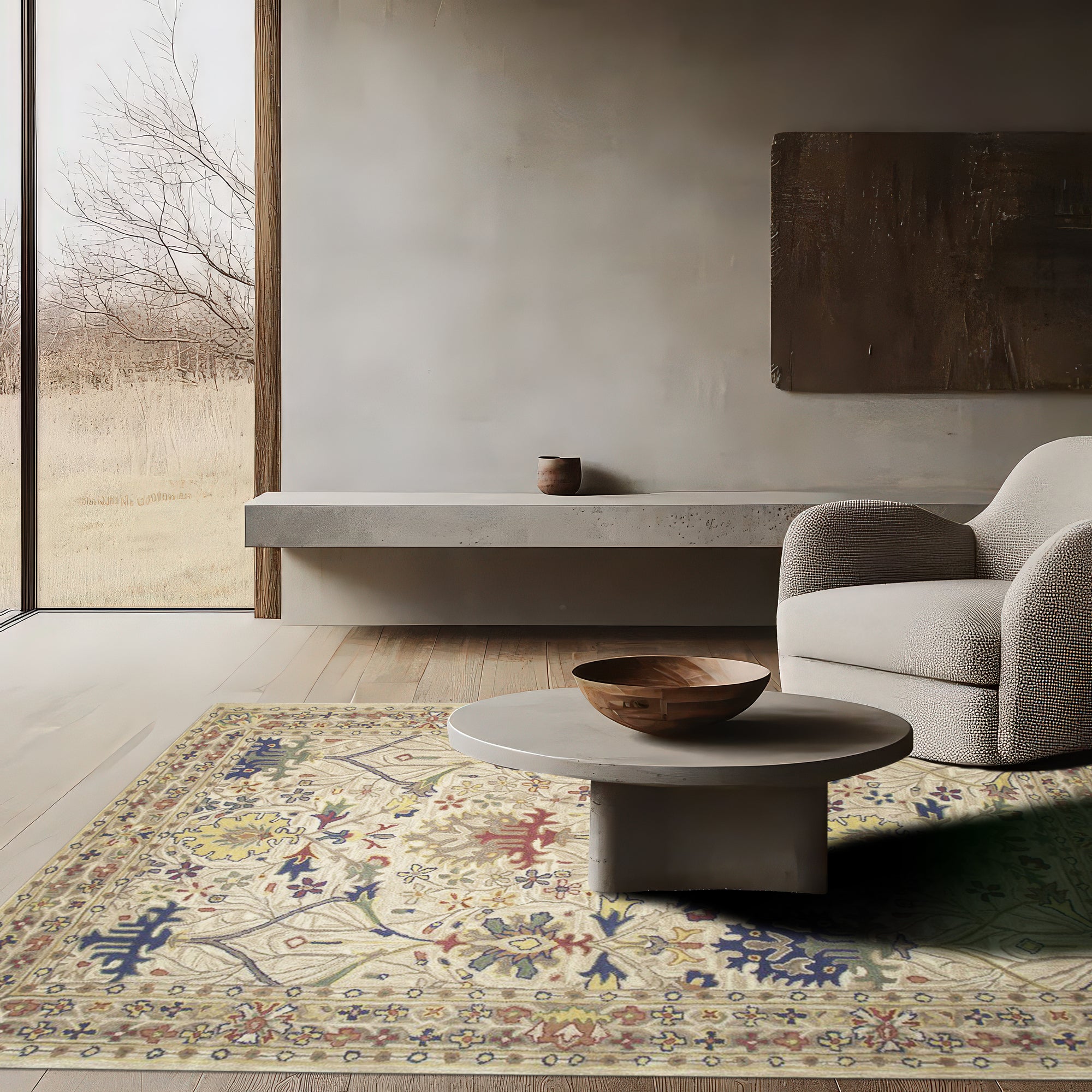 Graceful Exquisite Ivory Hand Tufted Wool Rug, showcasing its intricate texture and subtle sheen, fills the frame, inviting touch.