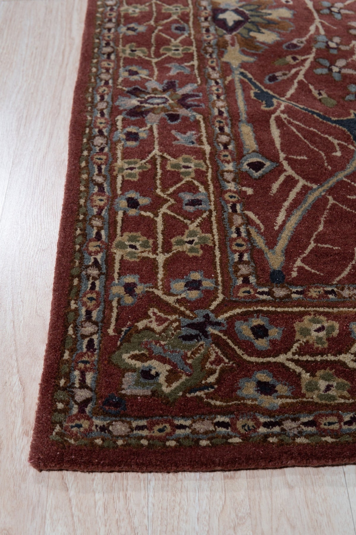 Lydia Vibrant Red Hand Tufted Wool Rug, a vibrant red wool rug with a textured, possibly abstract, design, placed in a bright, modern living space with light wood floors and neutral furniture.