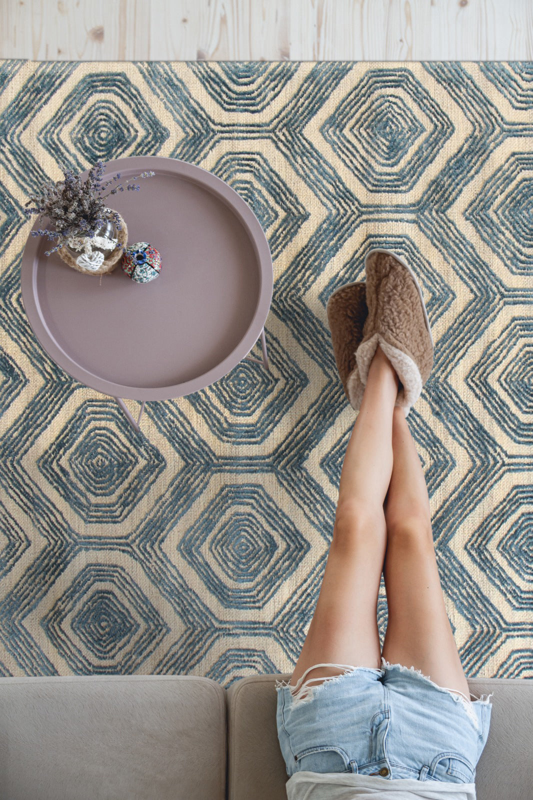 Maya Sophisticated Ivory Hand Tufted Wool & Viscose Rug, showcasing its subtle, textured ivory field with intricate hand-tufted details, adding warmth and sophistication to the setting.