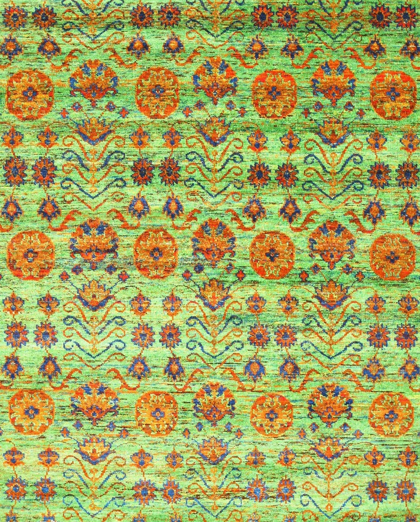 Isolated view of Sarrah Oriental Green Hand Knotted Sari-Silk Rug, showcasing its intricate Oriental design.