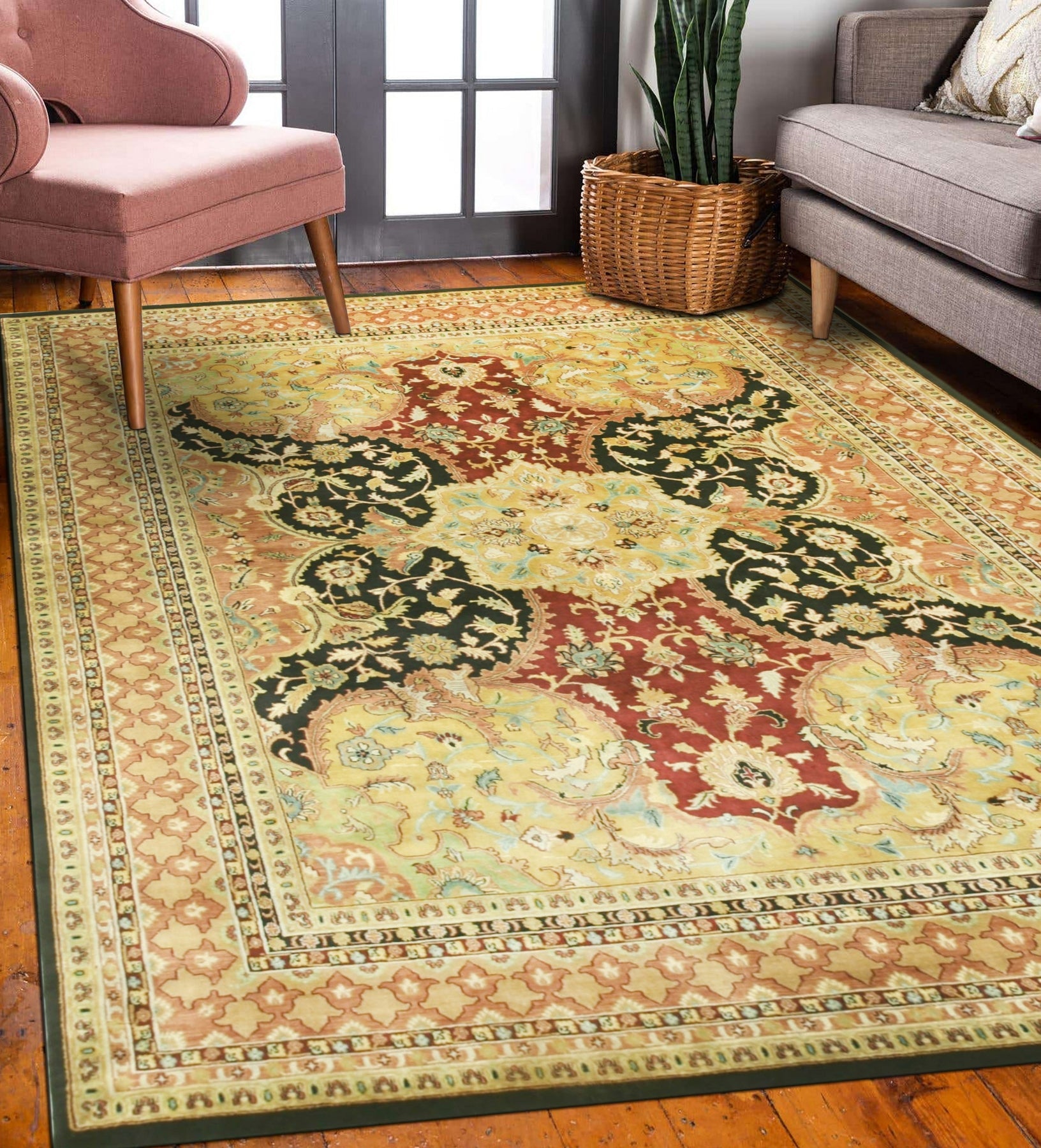 Inviting Oriental Black Hand Knotted New Zealand Wool Rug, its intricate traditional patterns unfolding in rich blacks and subtle highlights, a luxurious texture suggesting the softness of New Zealand wool.