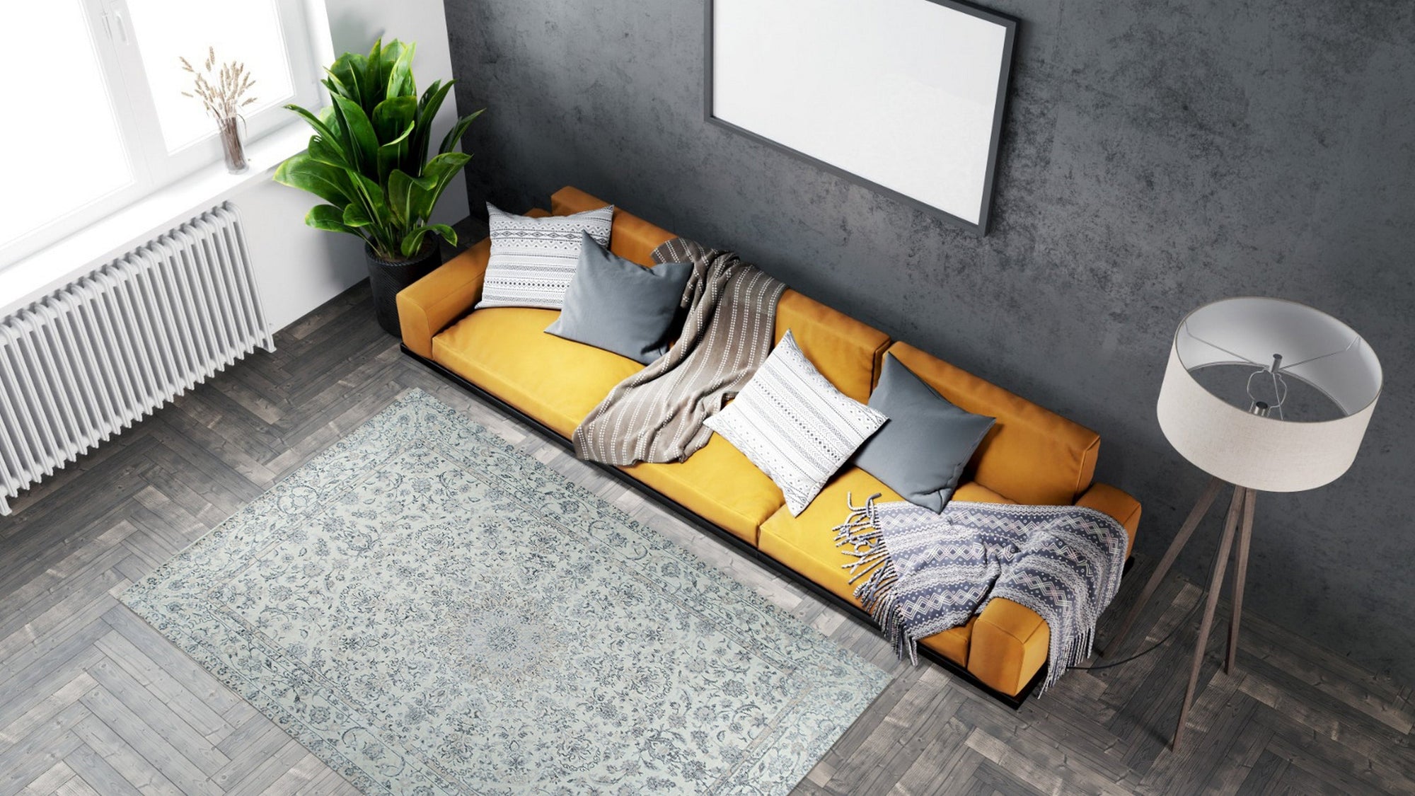 Sleek Rustic Beige Handmade Wool Rug, a warm beige wool rug with subtle texture, lies on a light hardwood floor, showcasing its rustic yet modern design.