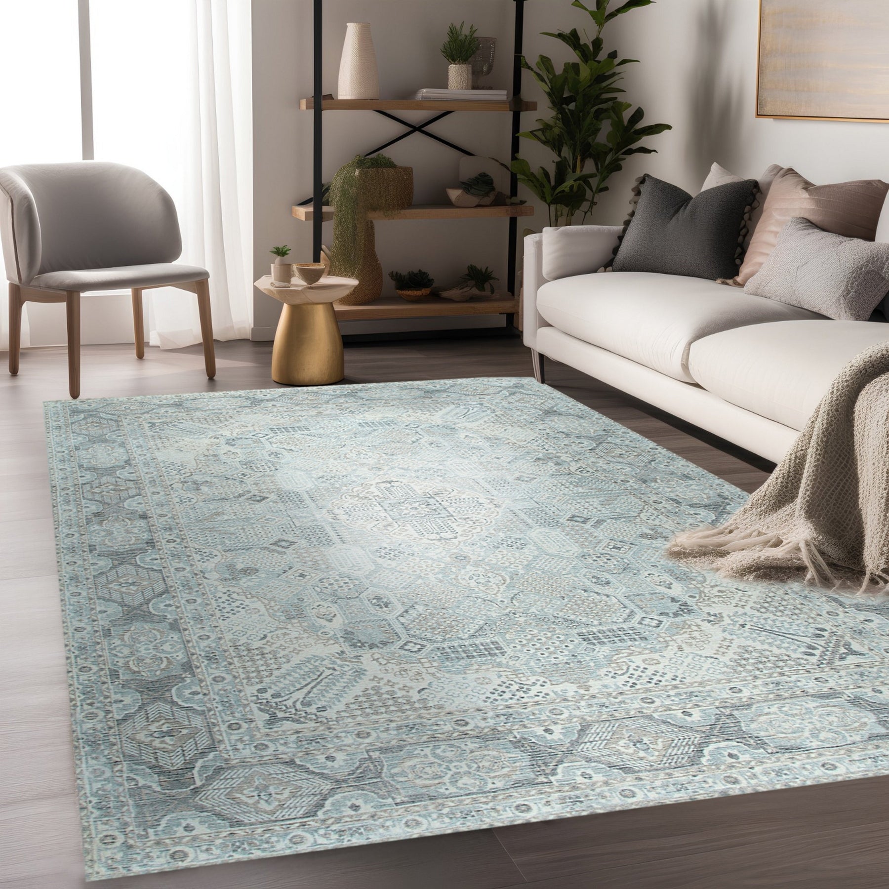 Tessa Bespoke Green Handmade Wool Rug, showcasing a plush, textured surface with varying shades of green creating depth and visual interest, lies gracefully on a light-toned wooden floor.