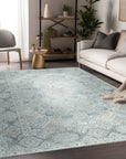 Tessa Bespoke Green Handmade Wool Rug, showcasing a plush, textured surface with varying shades of green creating depth and visual interest, lies gracefully on a light-toned wooden floor.