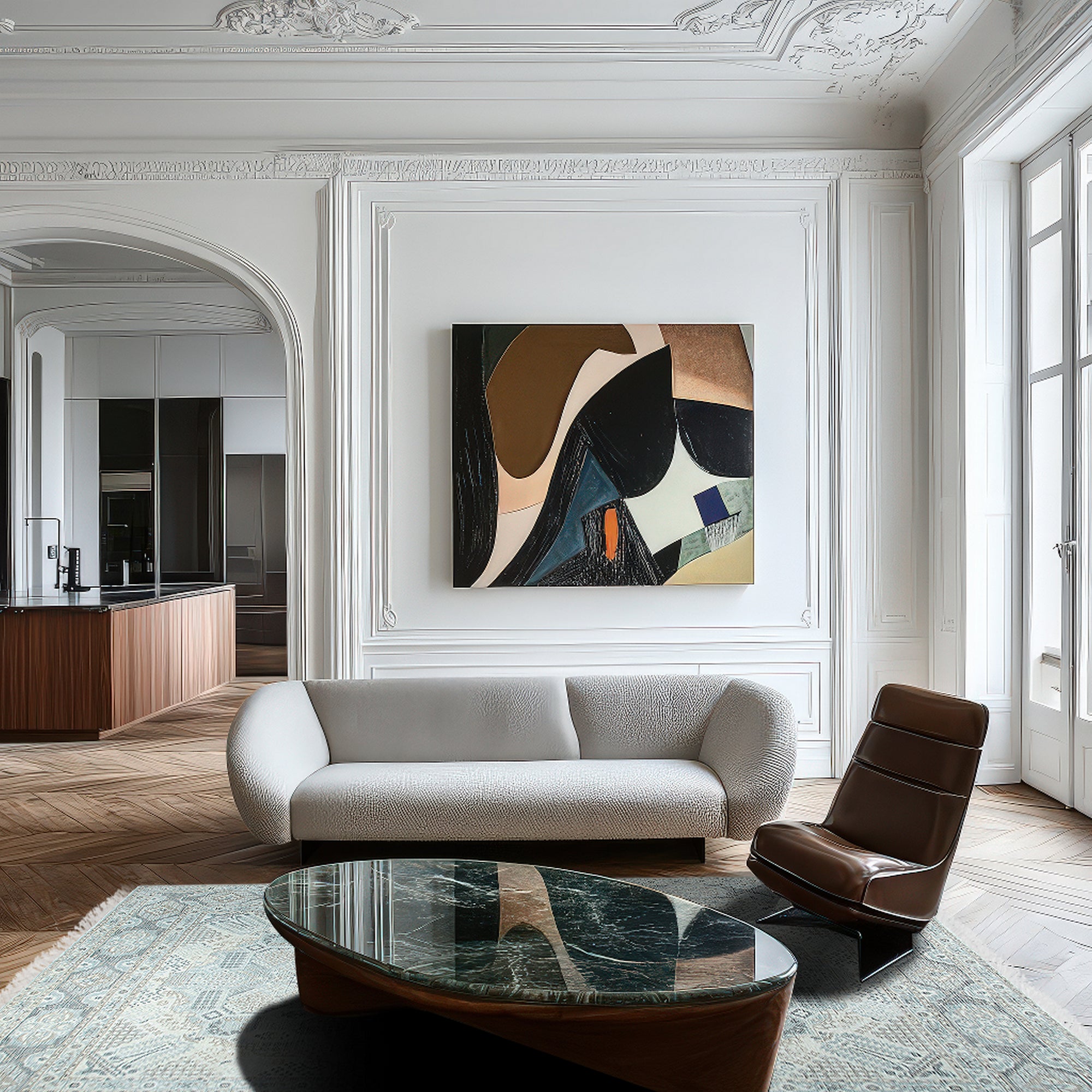 Tessa Bespoke Green Handmade Wool Rug, a vibrant green wool rug with a subtle, textured design, displayed in a bright, modern living room setting, complementing a sleek, minimalist aesthetic.