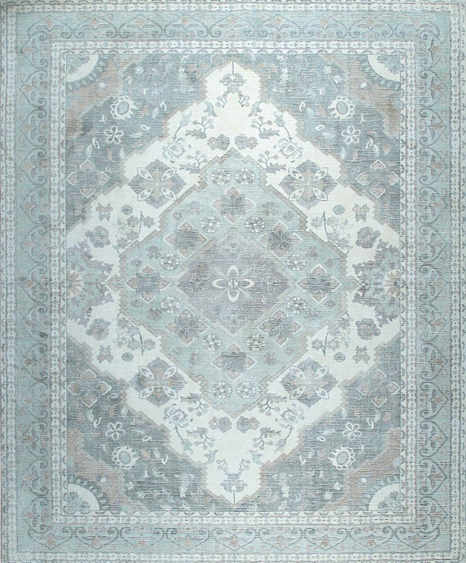 Isolated view of Selene Oriental Green Handmade Wool Rug, showcasing its intricate oriental design.