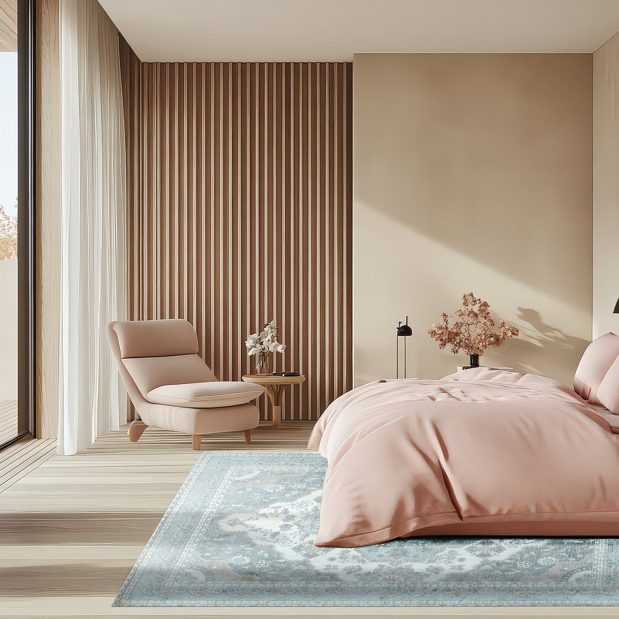 Selene Oriental Green Handmade Wool Rug, with intricate floral patterns in verdant greens and muted creams, hand-knotted wool creating a plush, inviting texture, lying gracefully on a light hardwood floor.