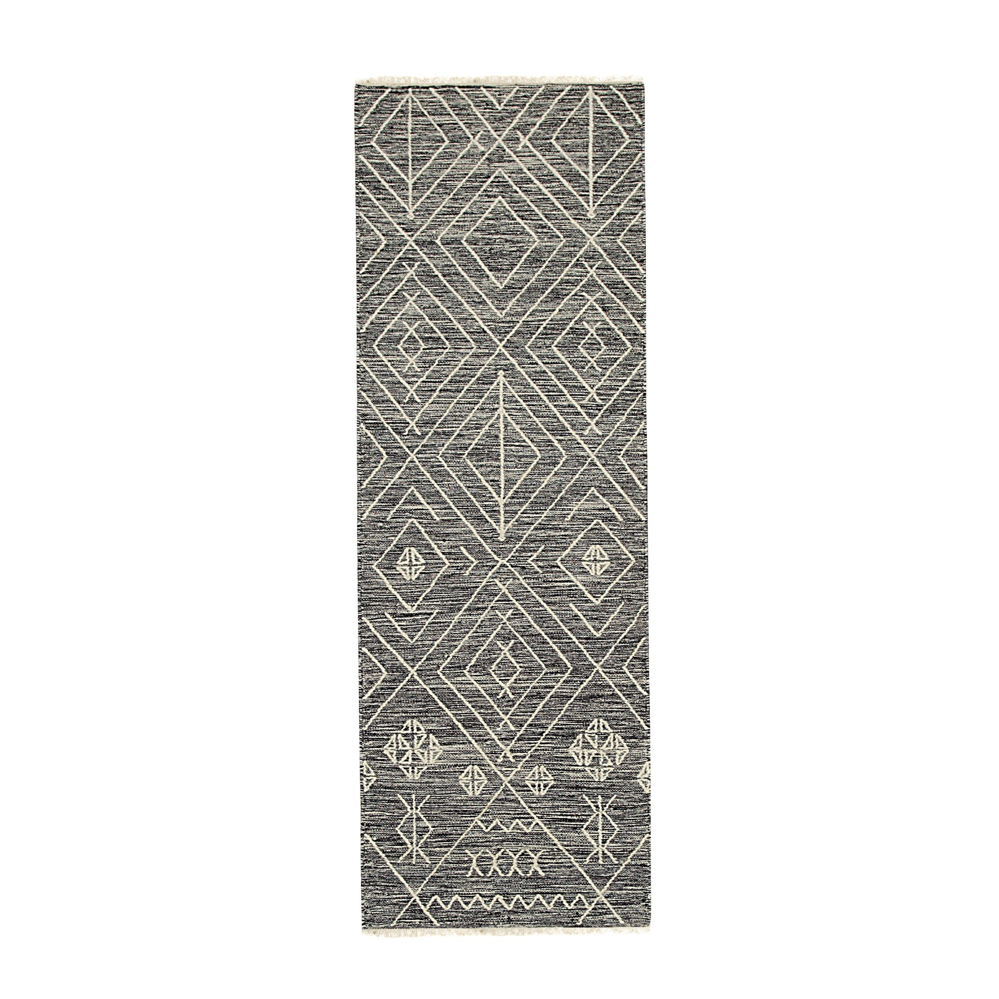 Luxurious Kilim Charcoal Handmade Wool Rug, its geometric charcoal patterns grounding a bright living space. The rug's textural wool weaves warmth and sophistication against a polished floor.