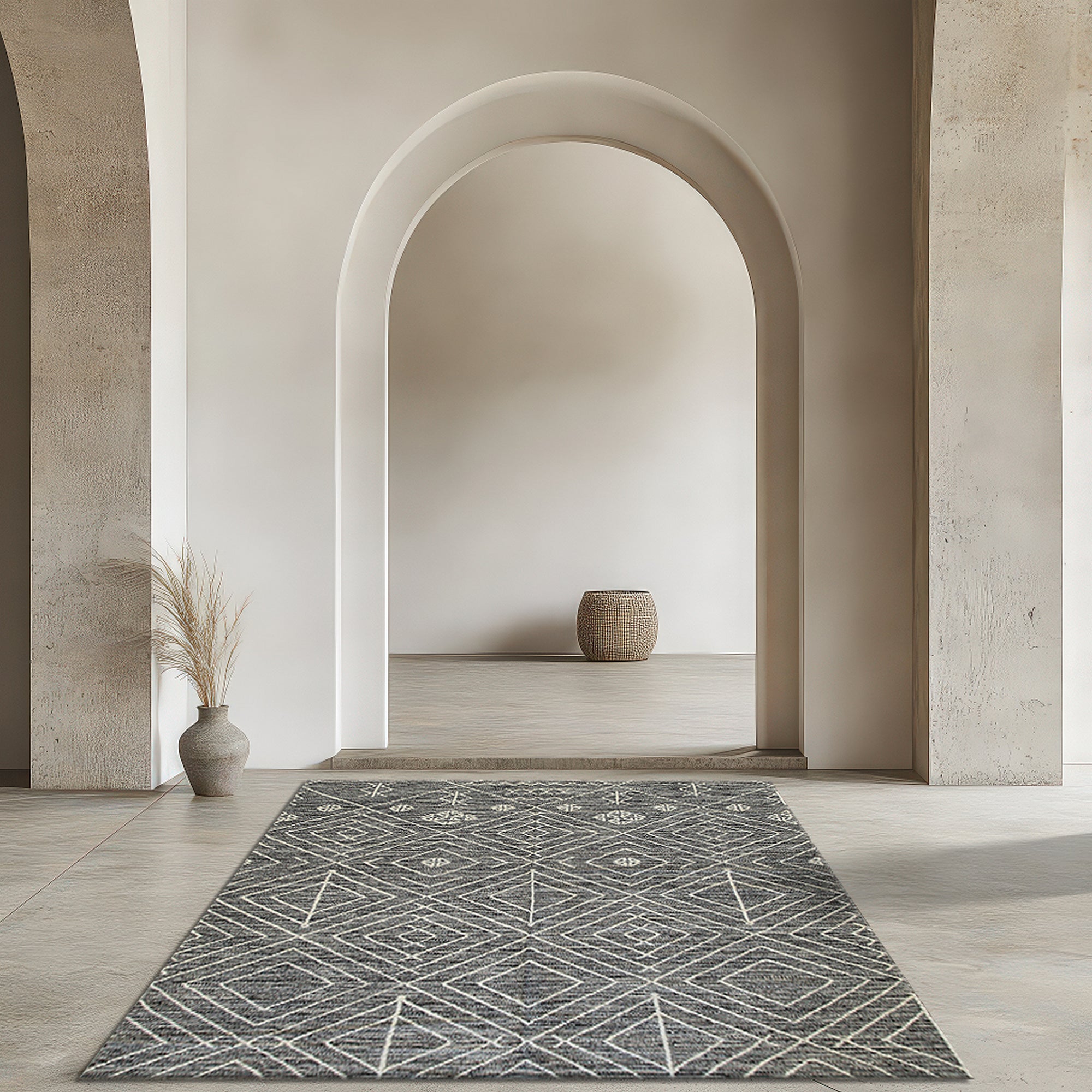 Luxurious Kilim Charcoal Handmade Wool Rug, a sophisticated charcoal wool rug with a geometric Kilim design, laid on a light wooden floor, showcasing its texture and scale within an interior space.