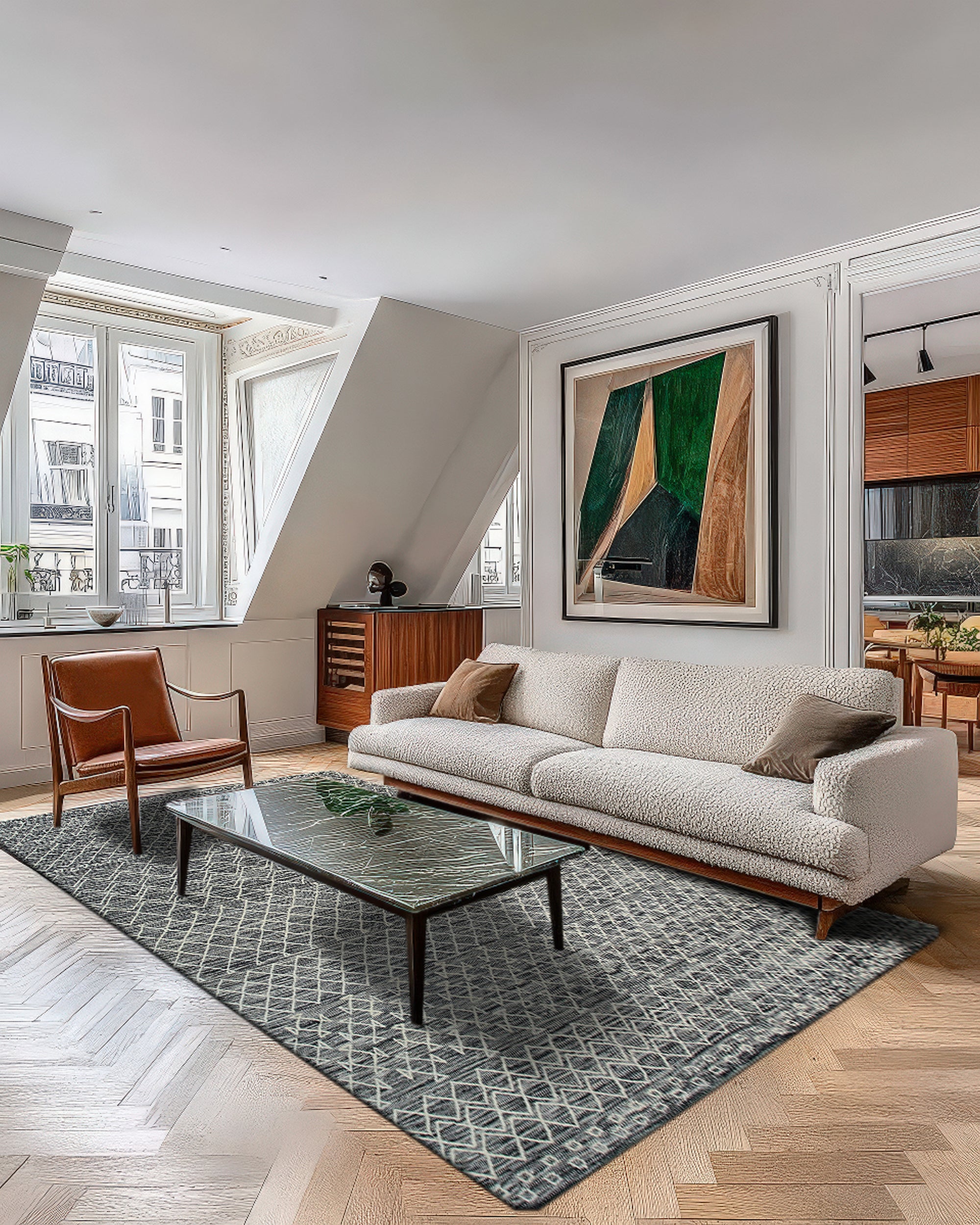 Penelope Kilim Brown Handmade Wool Rug, a warm brown wool rug with a kilim design, shown in a bright, airy living room with neutral furniture, bringing a touch of rustic elegance to the space.