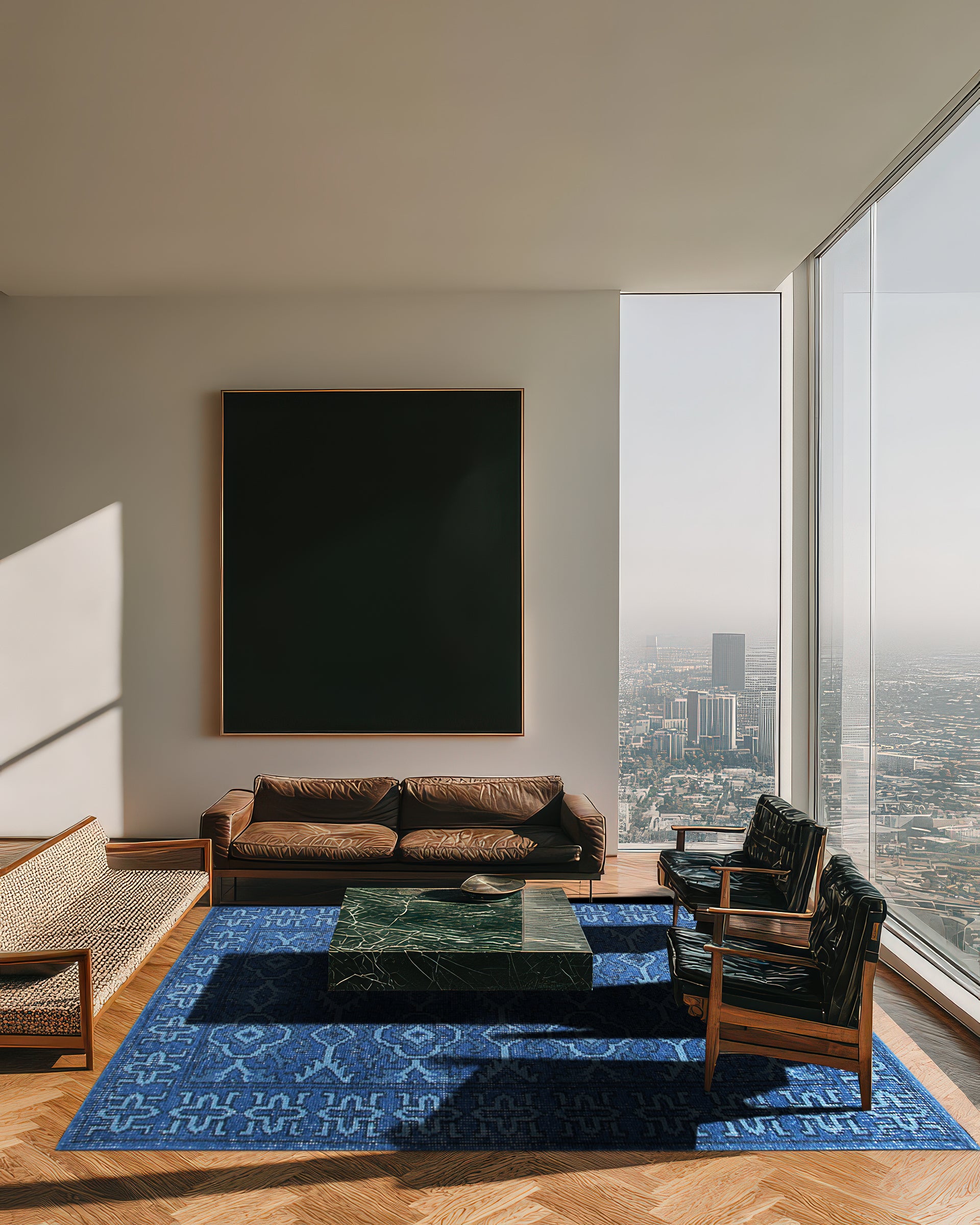 Mira Traditional Blue Hand Knotted Wool Rug, showcasing intricate floral motifs in shades of blue and cream, lies gracefully on a light hardwood floor, creating a serene and inviting atmosphere.