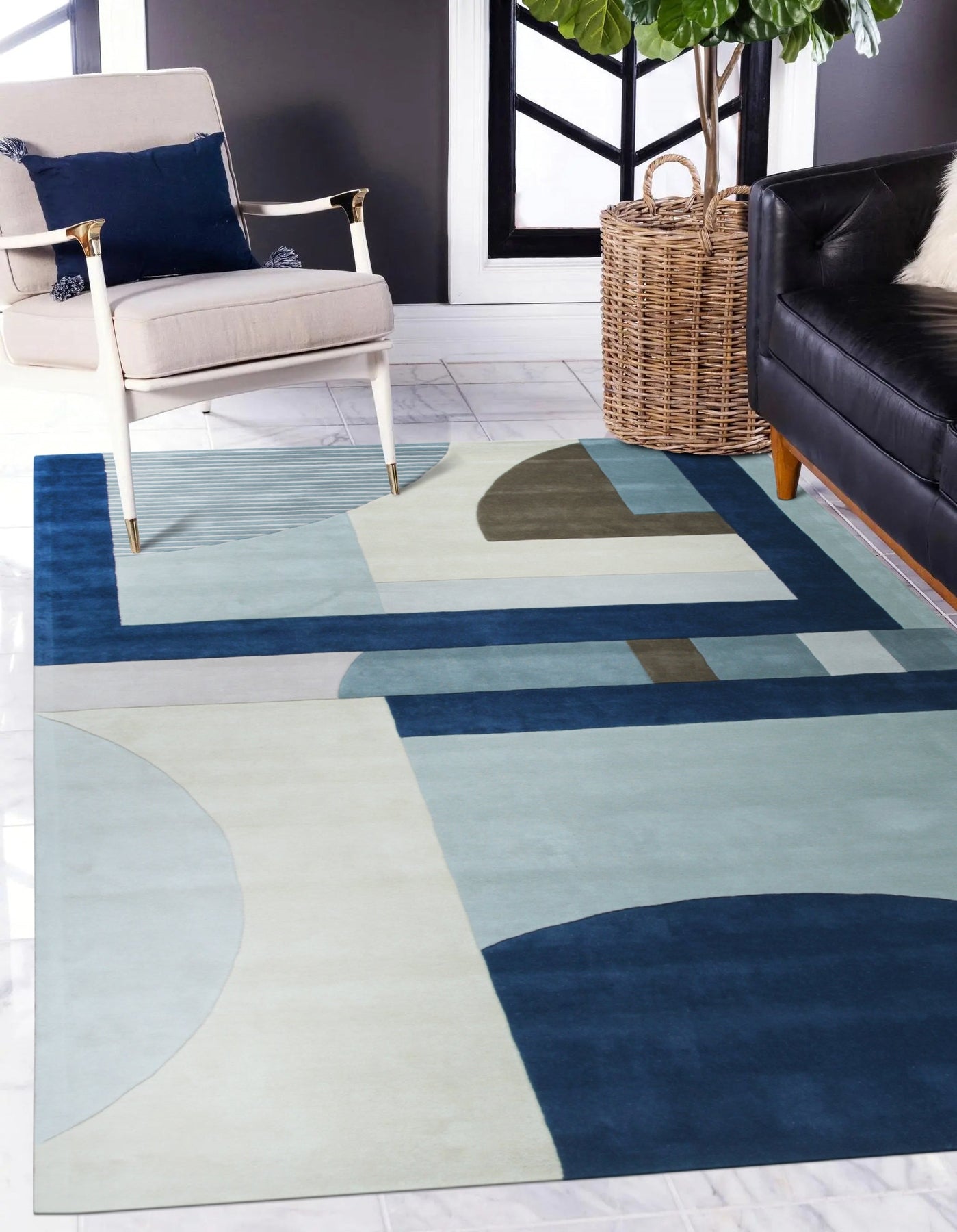 Bespoke Iris Multicolor Hand Tufted Wool Rug sprawls across a light-wood floor in a warmly lit interior; vibrant hues of blues, purples, greens, and yellows bloom across its hand-tufted wool surface, creating an inviting, textured focal point.