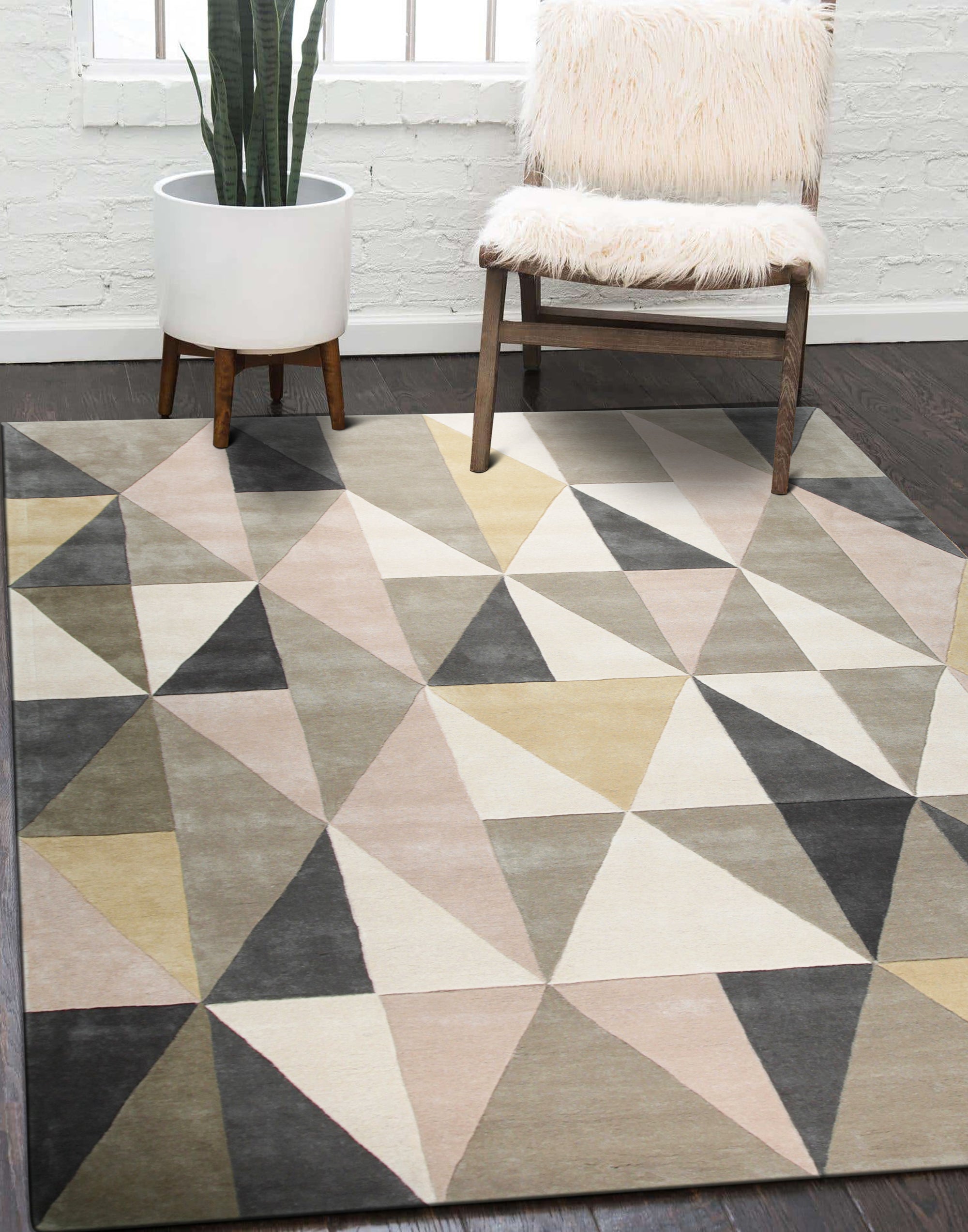 Trendy Classic Multicolor Hand Tufted Wool Rug, a vibrant focal point layered atop a dark hardwood floor, displaying its rich blend of colors and hand-tufted texture within a bright, modern living space.