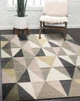 Trendy Classic Multicolor Hand Tufted Wool Rug, a vibrant focal point layered atop a dark hardwood floor, displaying its rich blend of colors and hand-tufted texture within a bright, modern living space.