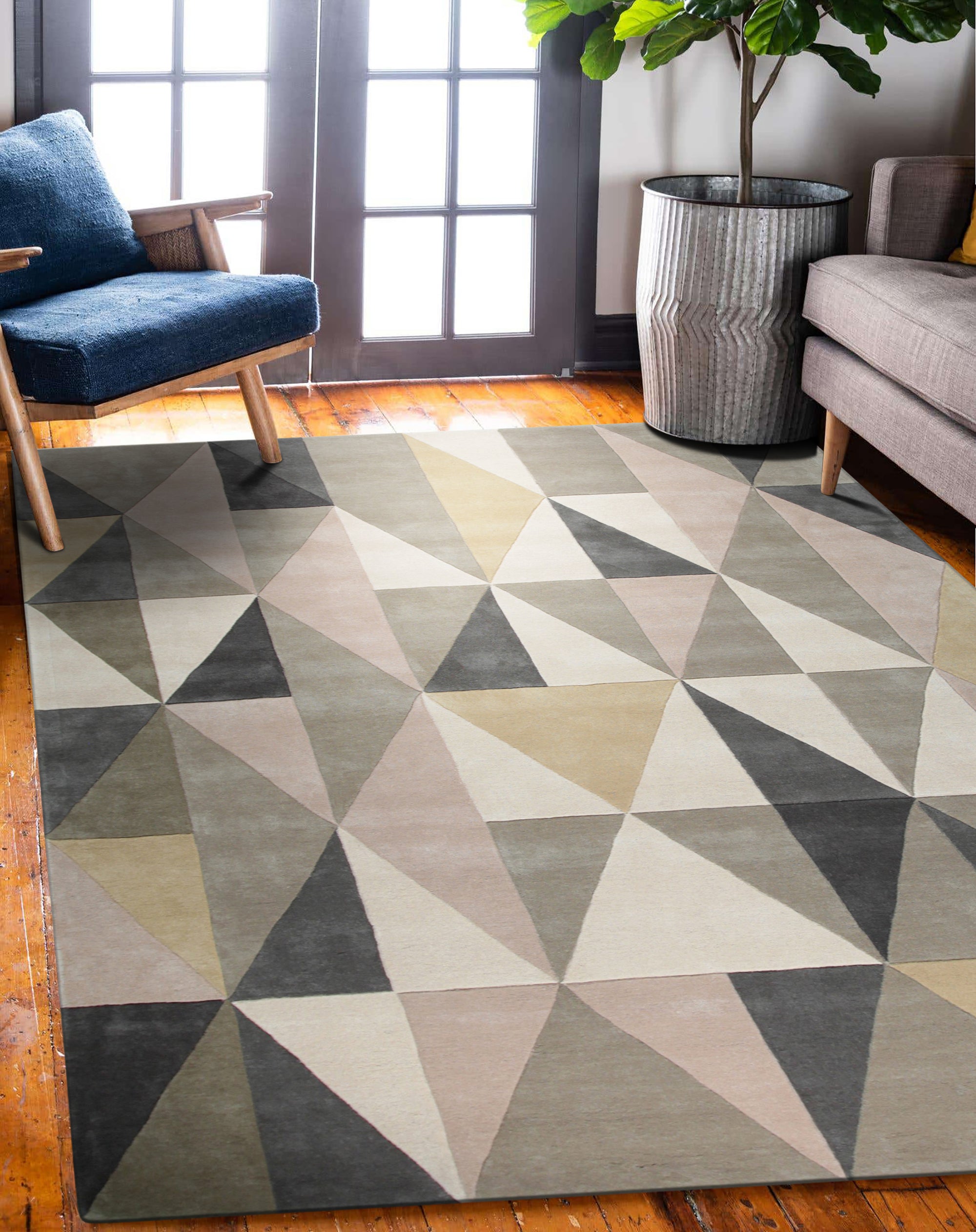 Trendy Classic Multicolor Hand Tufted Wool Rug, vibrant hues dance across a handcrafted wool surface, seen in a bright, modern living space, showcasing its intricate pattern and plush texture.