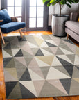 Trendy Classic Multicolor Hand Tufted Wool Rug, vibrant hues dance across a handcrafted wool surface, seen in a bright, modern living space, showcasing its intricate pattern and plush texture.