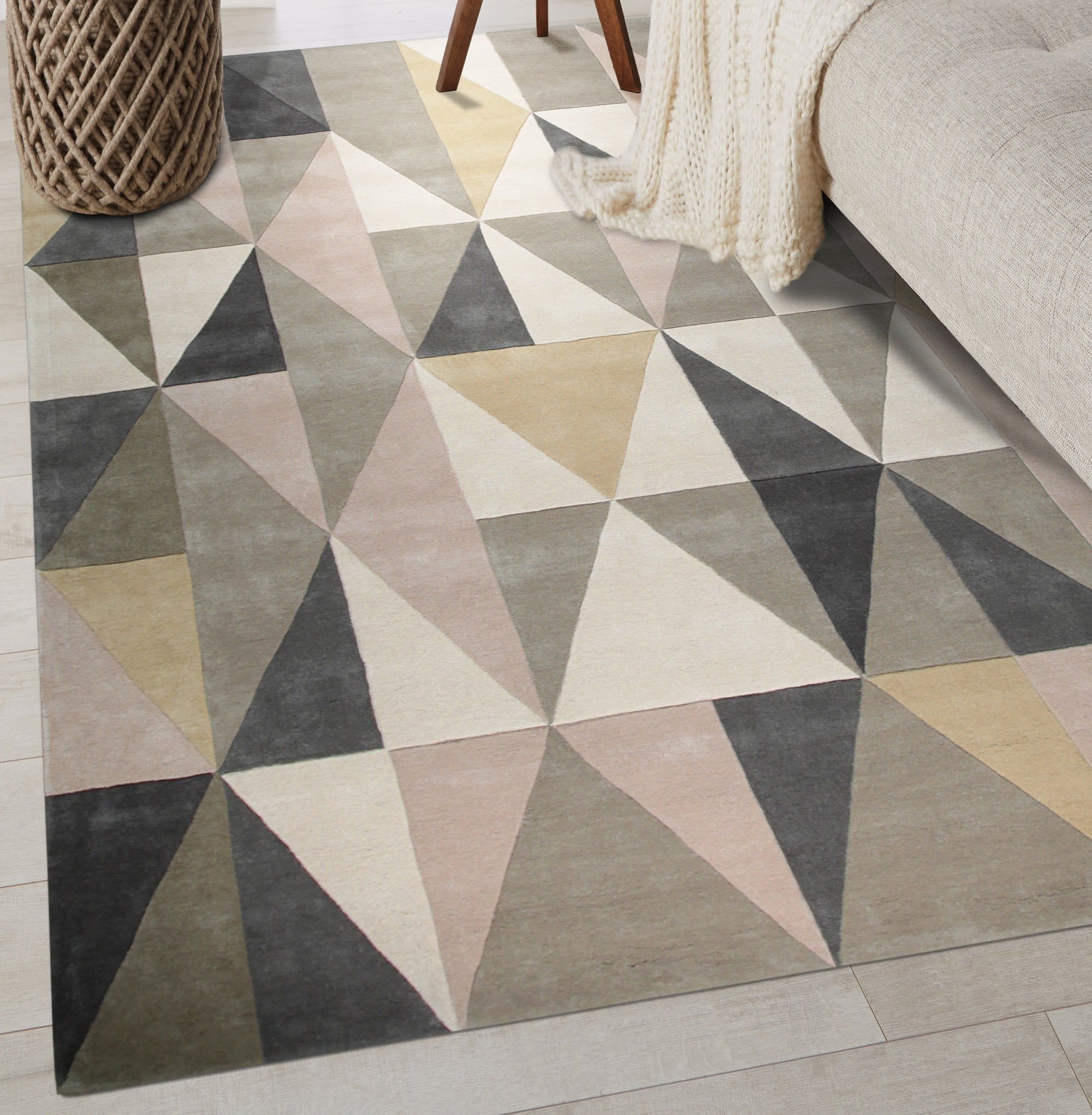 Trendy Classic Multicolor Hand Tufted Wool Rug, showcasing vibrant hues woven in a dense hand-tufted construction, displayed on a light hardwood floor with natural light accentuating its texture and color variations.