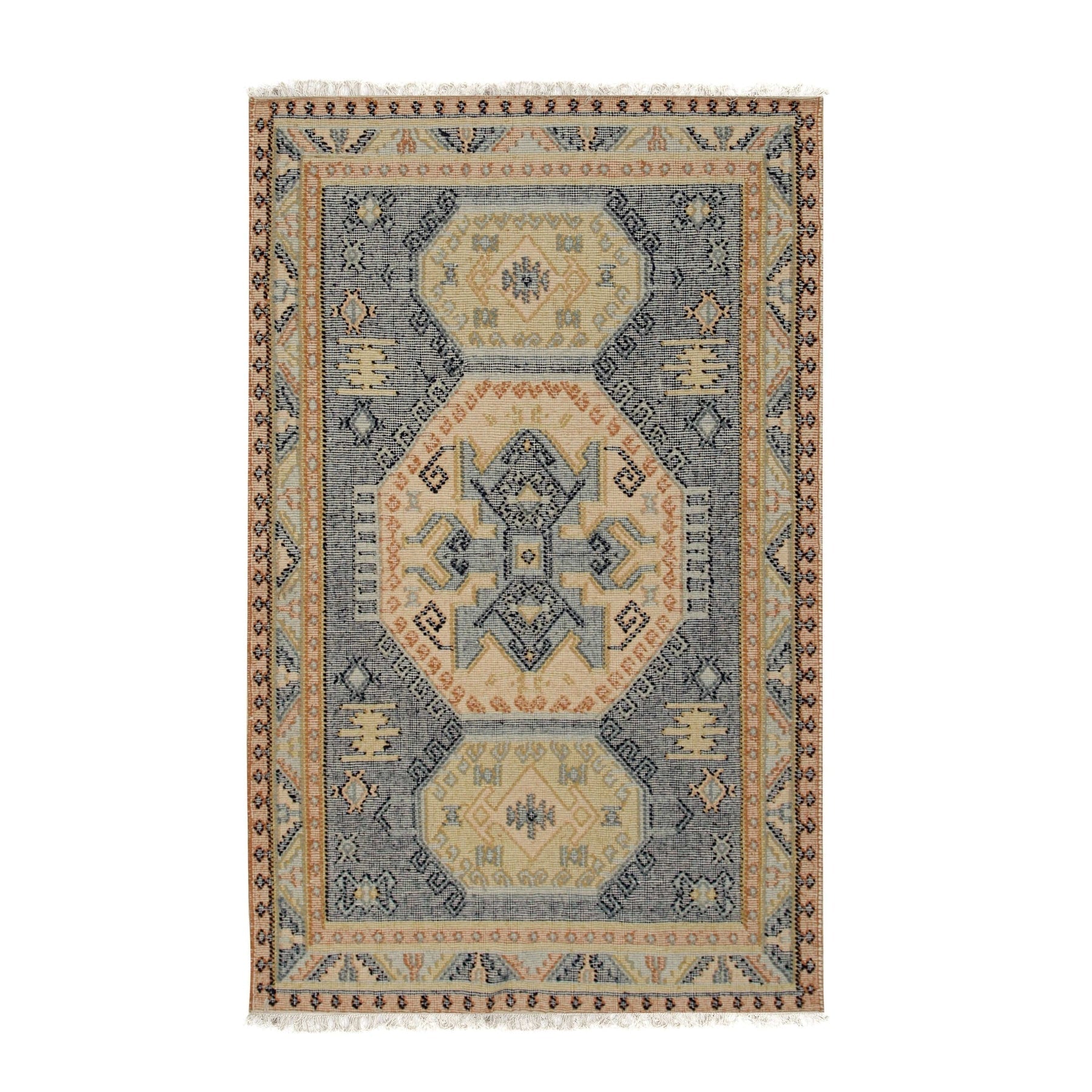 Isolated view of Luna Kilim Blue Hand Knotted Wool Rug, showcasing its design.