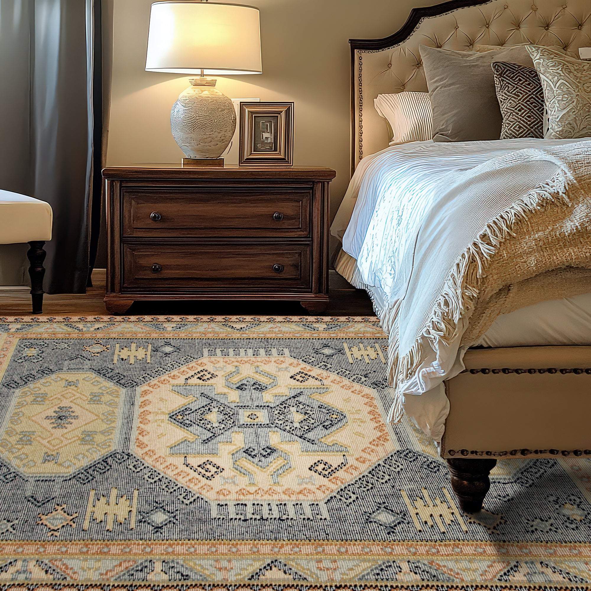 Luna Kilim Blue Hand Knotted Wool Rug displayed on a light wood floor. Indigo and cream geometric patterns define this hand-knotted wool rug, creating a cool and inviting atmosphere.