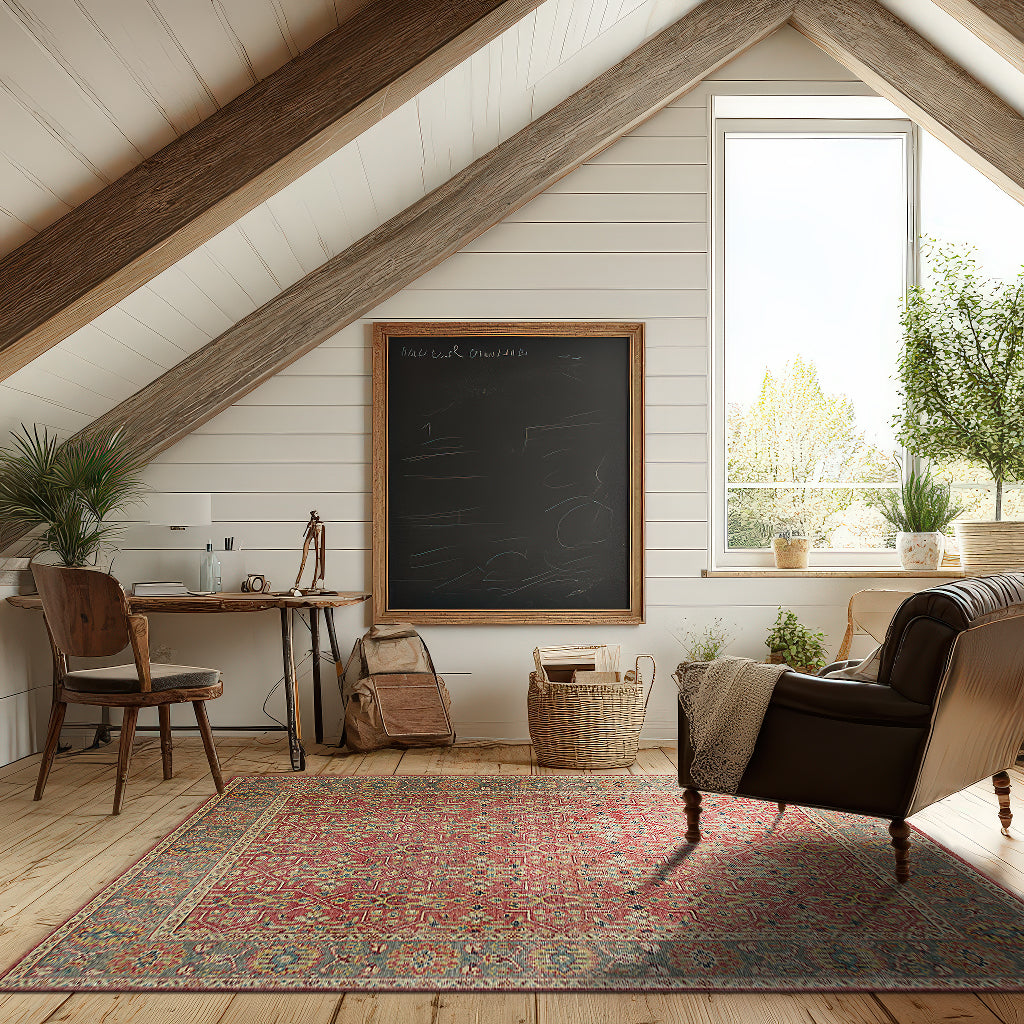 Celia Oushak Rust Hand Knotted Wool Rug, warm rust tones and intricate Oushak patterns define this hand-knotted wool rug, displayed within a warmly lit room setting.