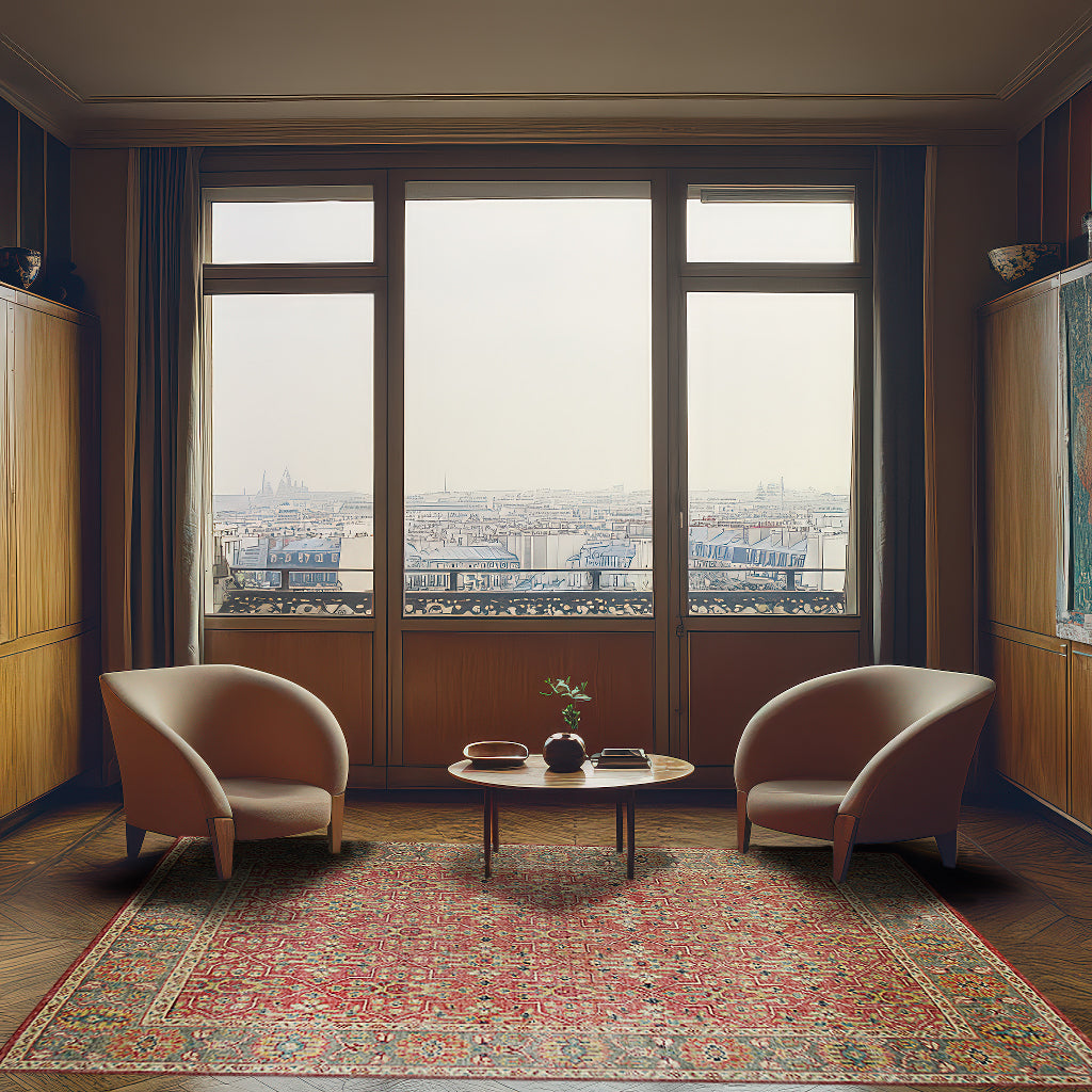 Celia Oushak Rust Hand Knotted Wool Rug, displayed on a polished hardwood floor. Warm rust tones and intricate Oushak patterns dominate the hand-knotted wool surface, creating a vibrant and inviting atmosphere.