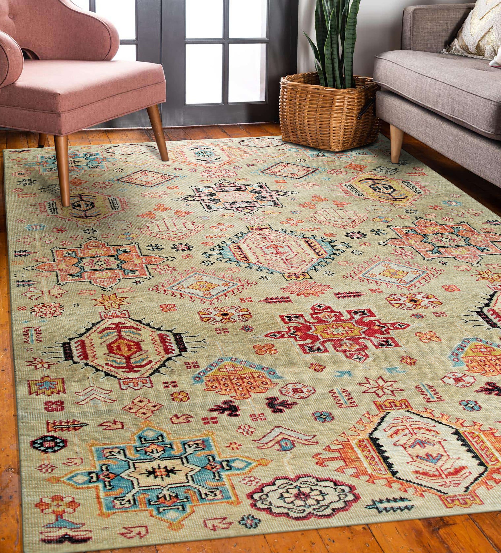Lush Oriental Ivory Hand Knotted Wool Rug, its intricate floral motifs and subtle ivory hues lending warmth and elegance to a bright, airy living space.