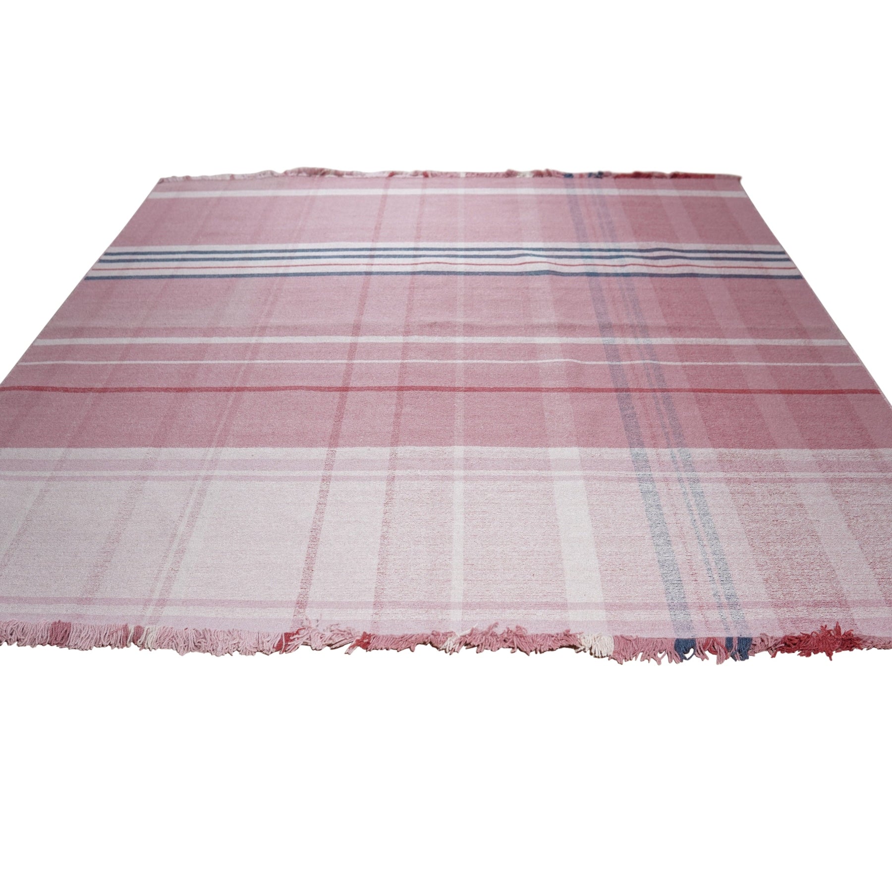 Maya Giselle Pink Flatweave Wool Rug, showcasing a modern geometric design in shades of pink and cream, subtly textured within a bright, airy living room setting.