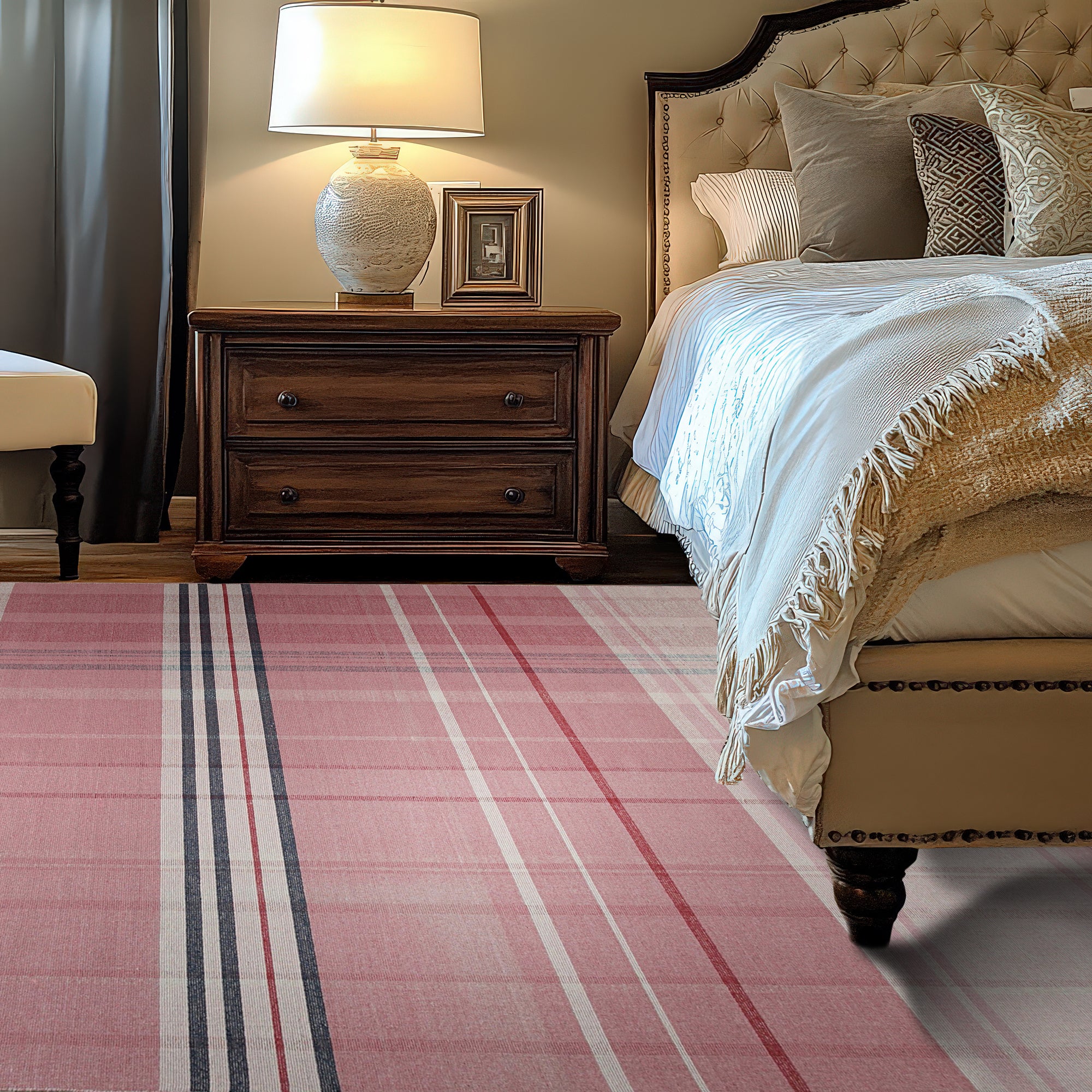 Maya Giselle Pink Flatweave Wool Rug, a soft pink wool rug with a subtle, geometric flatweave design, displayed on a light hardwood floor.