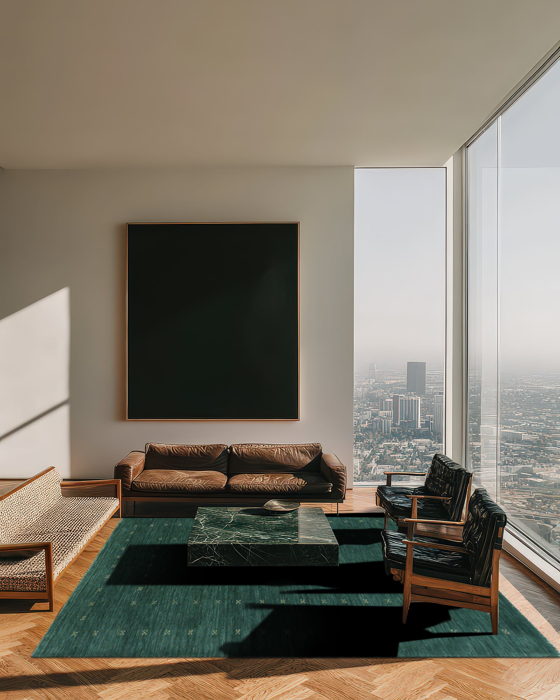 Sloane Ava Green Handmade Wool Rug displayed in a living room setting. Soft green tones and subtle patterns define this handmade wool rug.