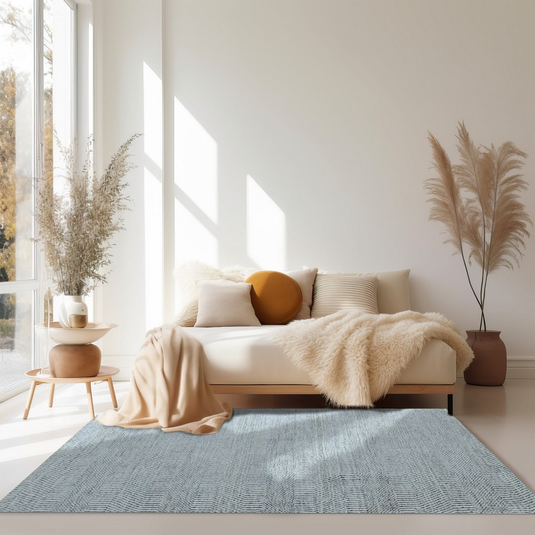 Trendy Dahlia Beige Handmade Wool Rug, a sophisticated neutral rug with a delicate floral dahlia pattern, seen in a bright, modern living room setting.