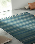 Chic Striped Turquoise Flatweave Wool & Bamboo Silk Rug