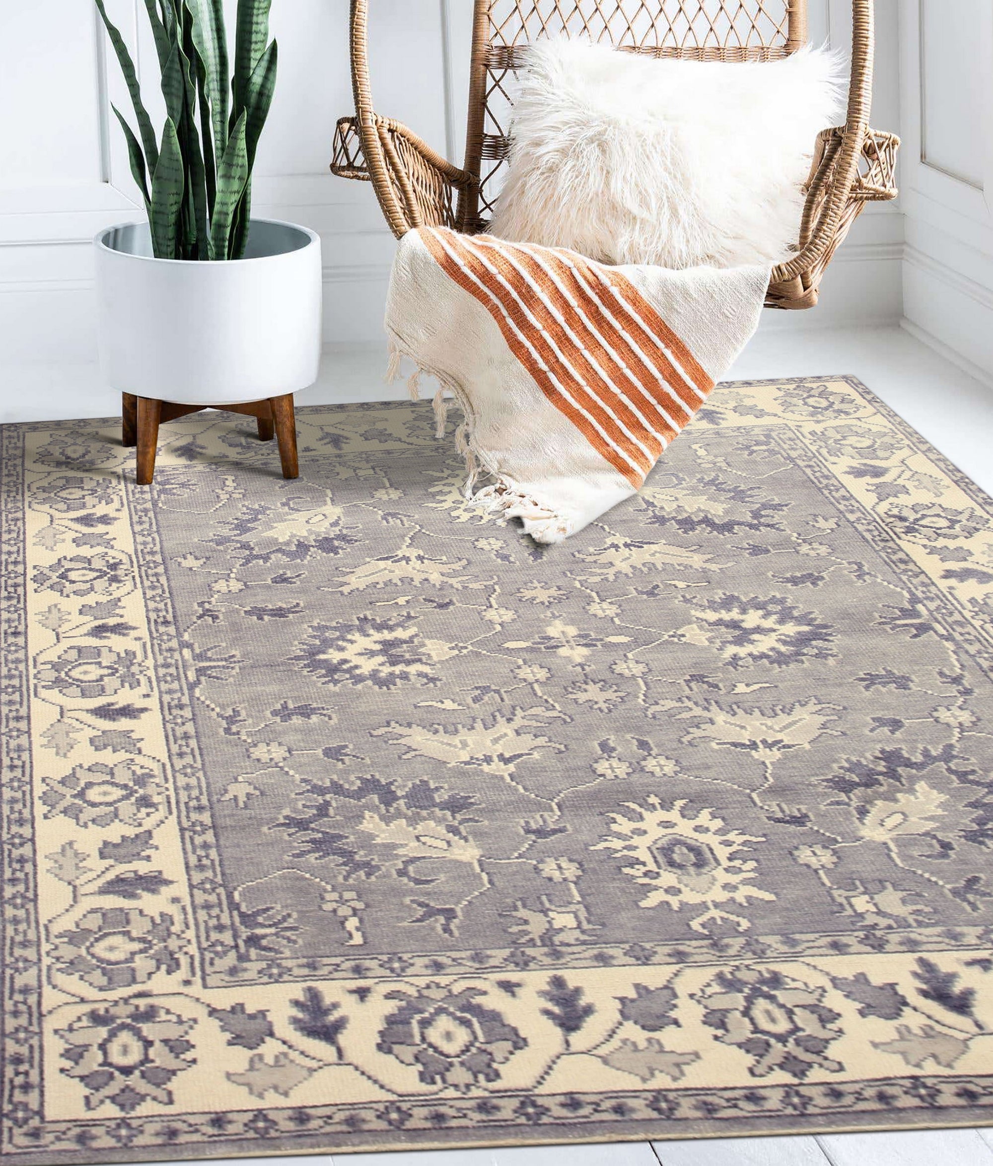 Beautiful Oriental Gray Hand Knotted Wool Rug, a gray wool rug featuring an intricate oriental design, displayed in a well-lit interior setting.