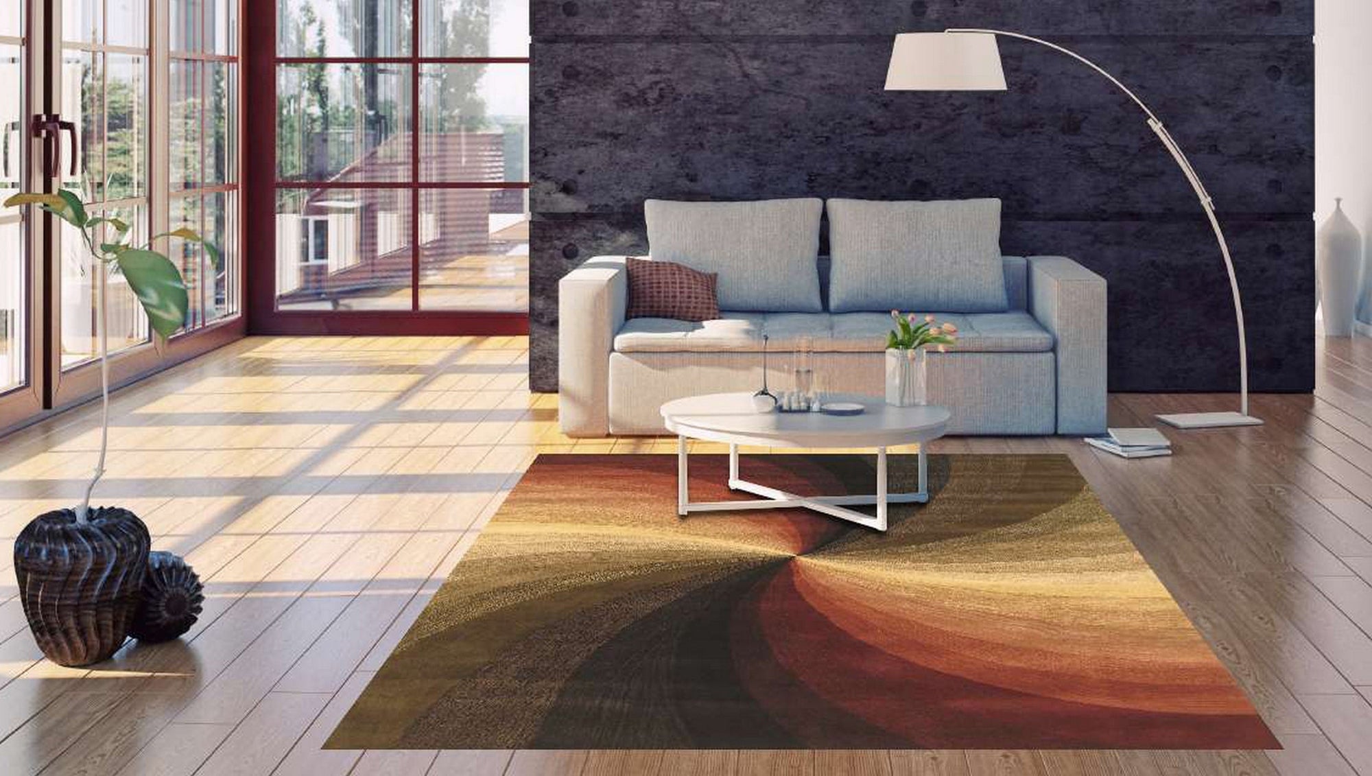 Enchanting Luxurious Original Hand Tufted Wool Rug, its geometric pattern in warm neutral tones anchoring a stylish living room, perfectly complementing the modern furniture and creating a cozy, inviting space.
