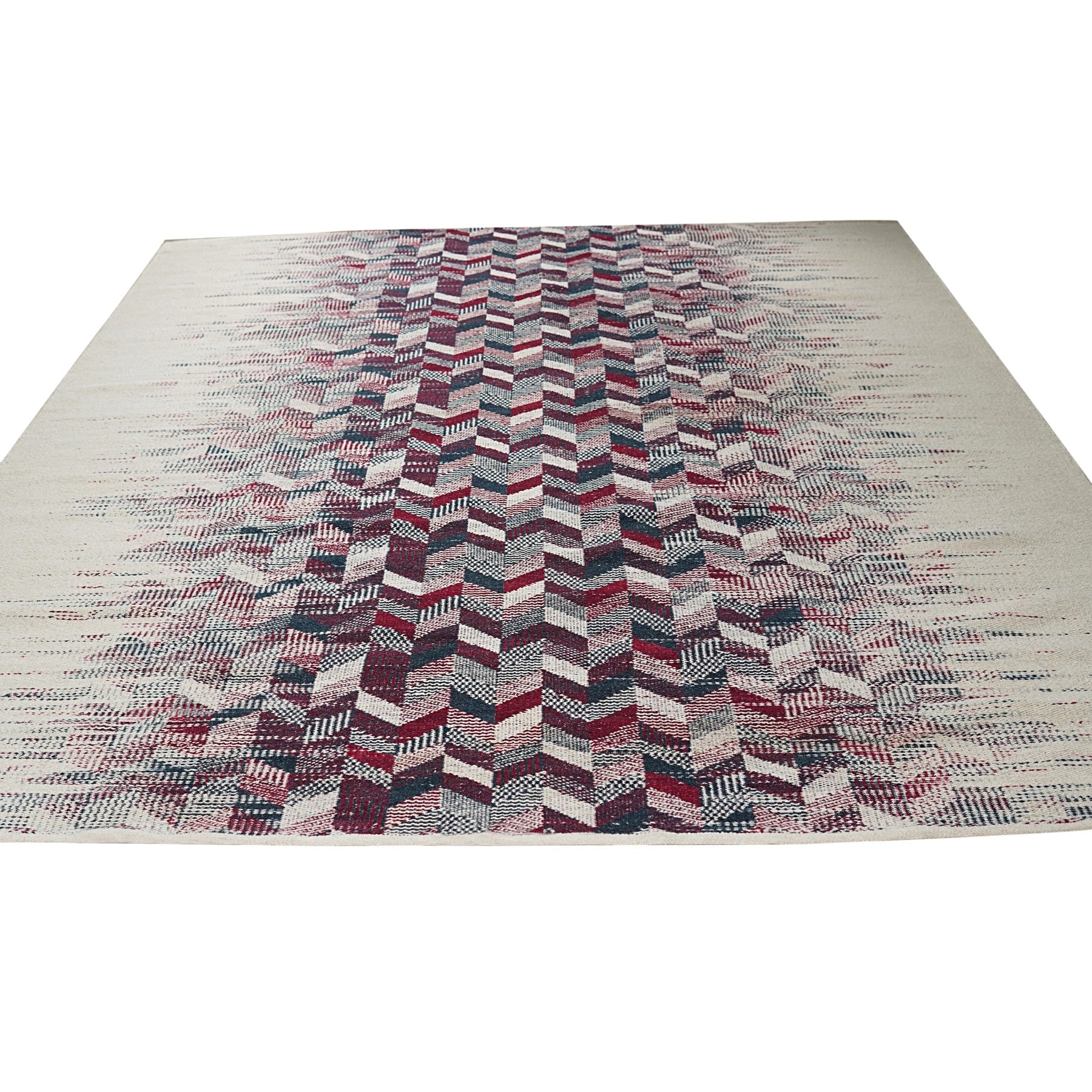 Brenda Refined Multicolor Flatweave Wool Rug, a vibrant burst of color and texture brings warmth to a modern living space. Flatweave construction showcases a complex interplay of reds, blues, greens, and yellows in an abstract geometric pattern.