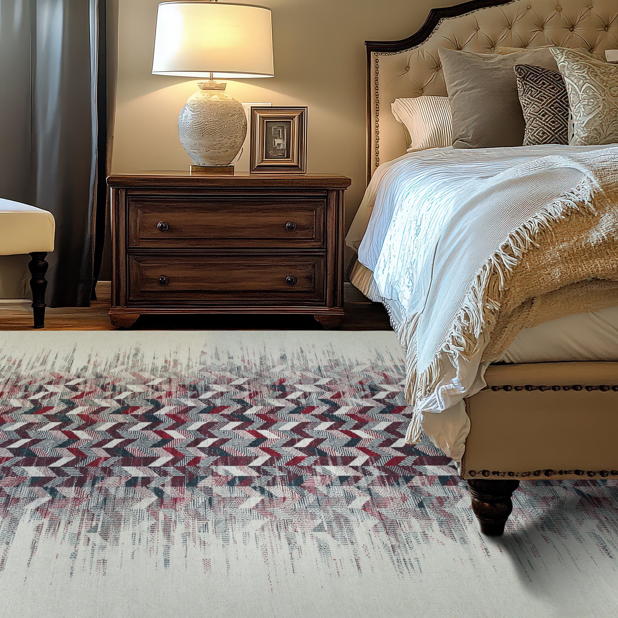 Brenda Refined Multicolor Flatweave Wool Rug, seen in a bright, sunlit living room, its flatweave construction showcasing vibrant hues and refined patterns, anchoring a modern seating arrangement.