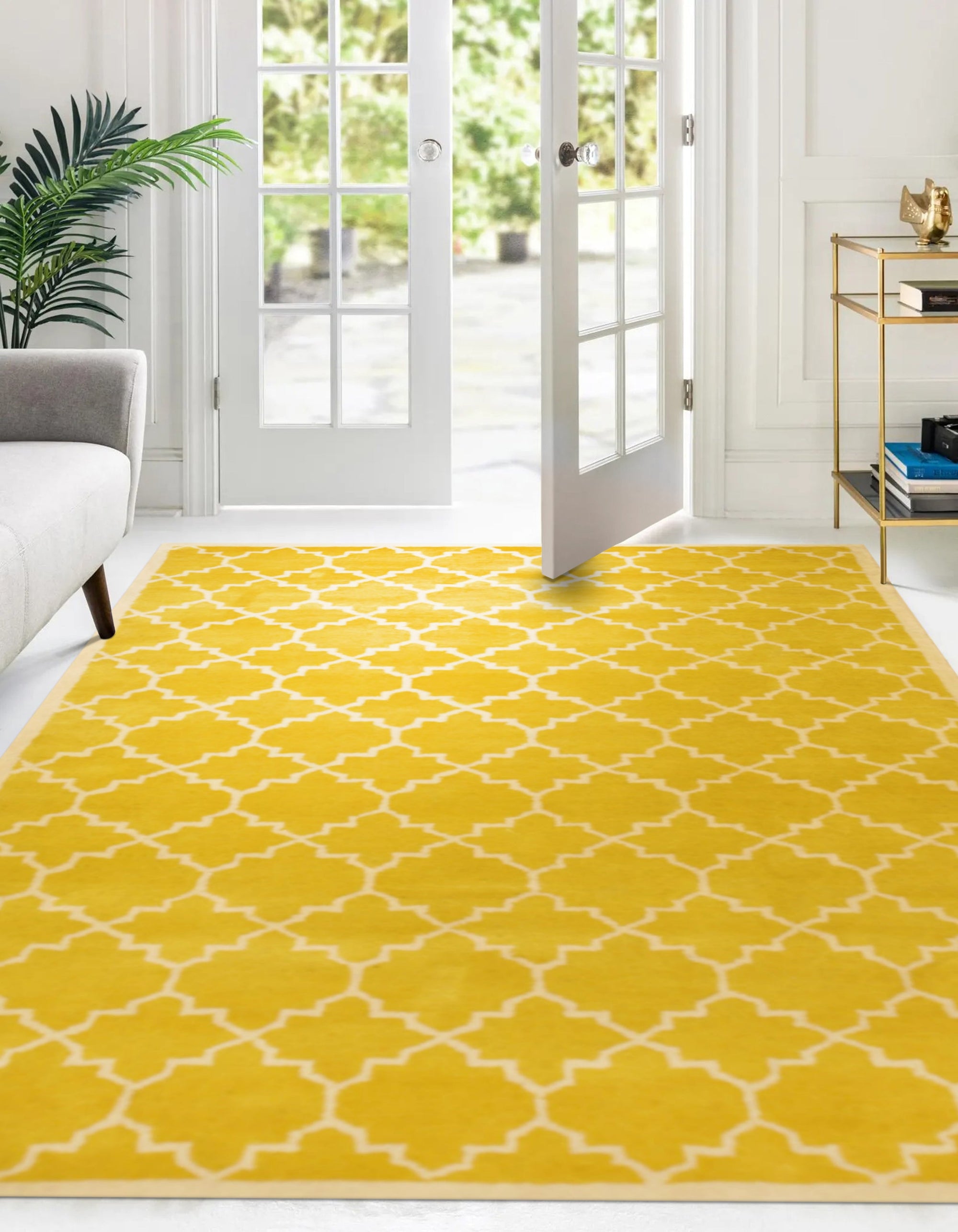 Enchanting Vibrant Yellow Hand Tufted Wool Rug, a sunny yellow wool rug with a plush texture, complementing modern furniture and light wood flooring in a bright living room setting.