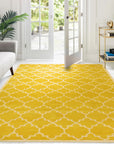 Enchanting Vibrant Yellow Hand Tufted Wool Rug, a sunny yellow wool rug with a plush texture, complementing modern furniture and light wood flooring in a bright living room setting.