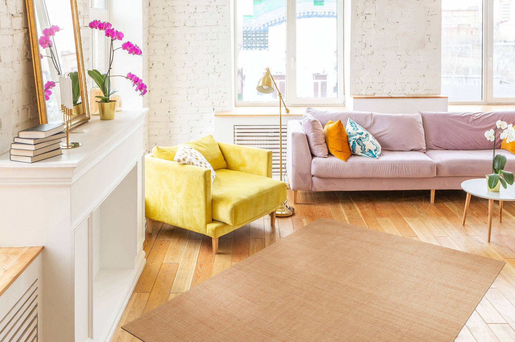 Beautiful Trellis Orange Hand Tufted Wool Rug, a vibrant orange wool rug featuring a repeating trellis pattern, displayed in a well-lit room.