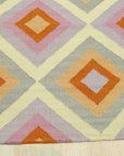 Jasmine Vibrant Multicolor Flatweave Wool Rug displayed in a brightly lit living space, its flatweave construction showcasing a lively blend of colors creating a warm and inviting atmosphere.