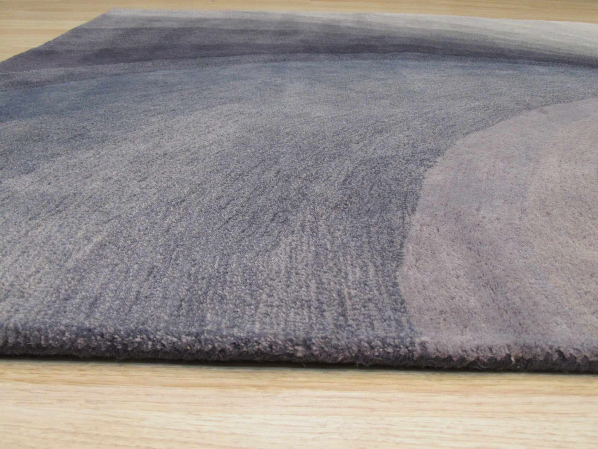 Stylish Timeless Blue Hand Tufted Wool Rug, showcasing its soft texture and intricate pattern in a living room setting with a neutral sofa and coffee table.