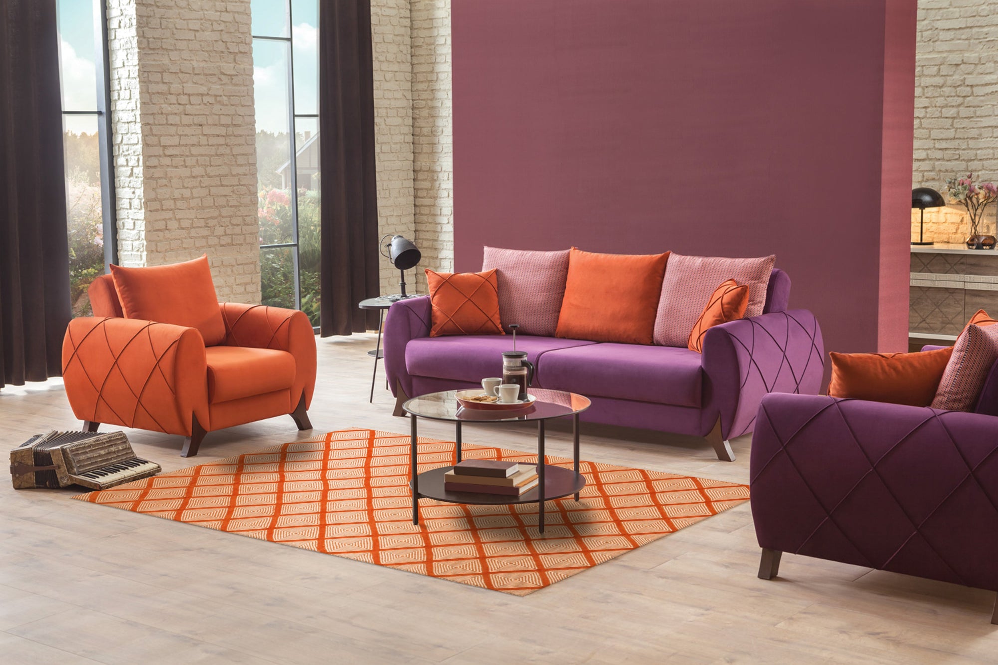 Refined Luxurious Orange Handmade Wool Rug displayed on a light wooden floor, its warm orange tones and handmade construction adding texture and depth to the space.