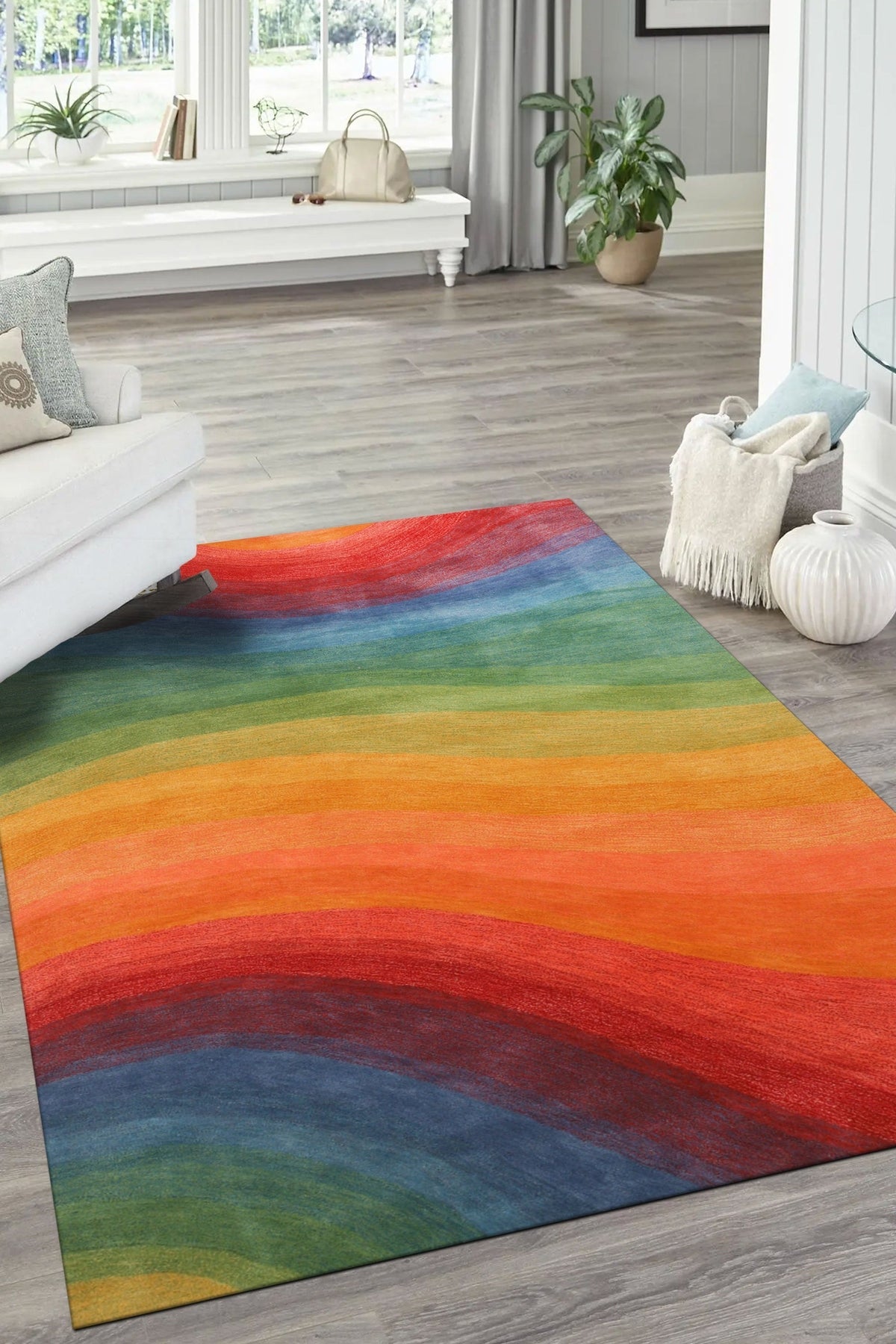 Vibrant Dazzling Multicolor Hand Tufted Wool Rug, showcasing a bold and dynamic design with a medley of vibrant colors and intricate hand-tufted details, displayed in a modern interior setting.