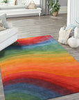 Vibrant Dazzling Multicolor Hand Tufted Wool Rug, showcasing a bold and dynamic design with a medley of vibrant colors and intricate hand-tufted details, displayed in a modern interior setting.