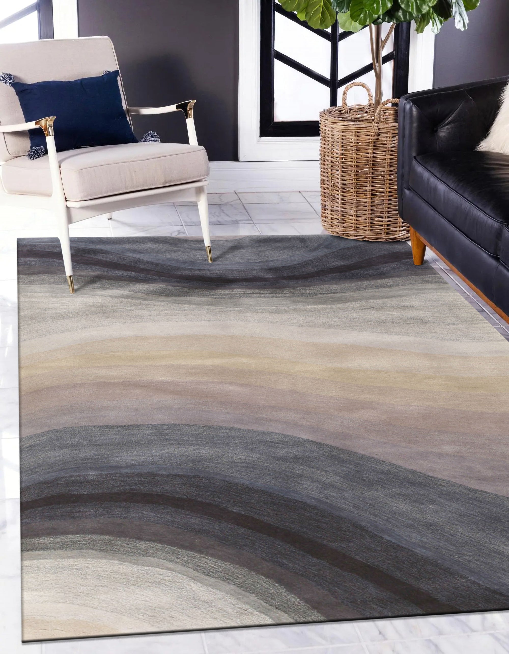 Xena Violet Blue Hand Tufted Wool Rug, a blend of deep violet and cool blue hues, displaying a subtle textured pattern. Seen in a bright, modern living space adding a touch of soft luxury.